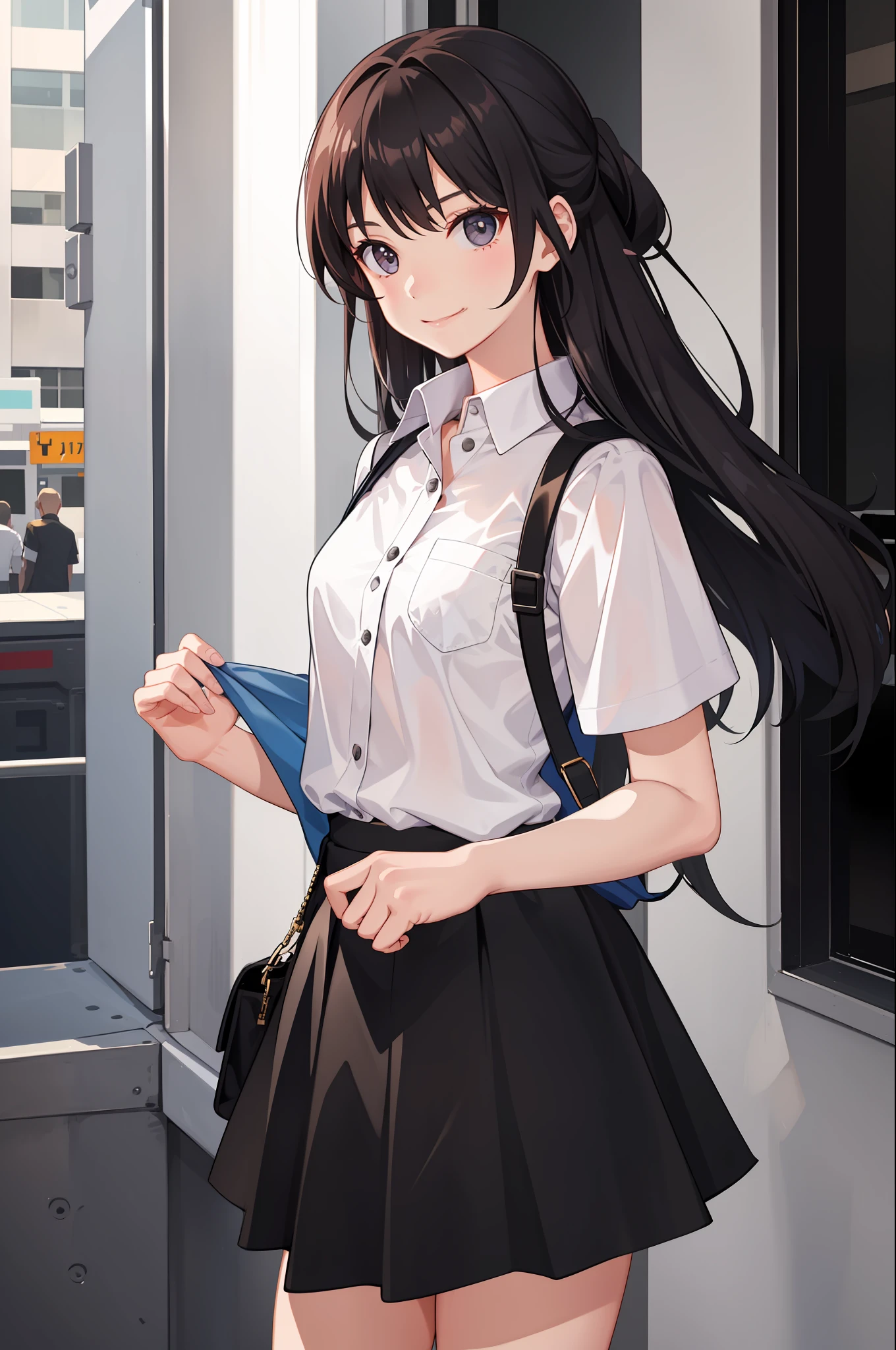 1 girl, smile, shirt, skirt, (small) chiralism,
