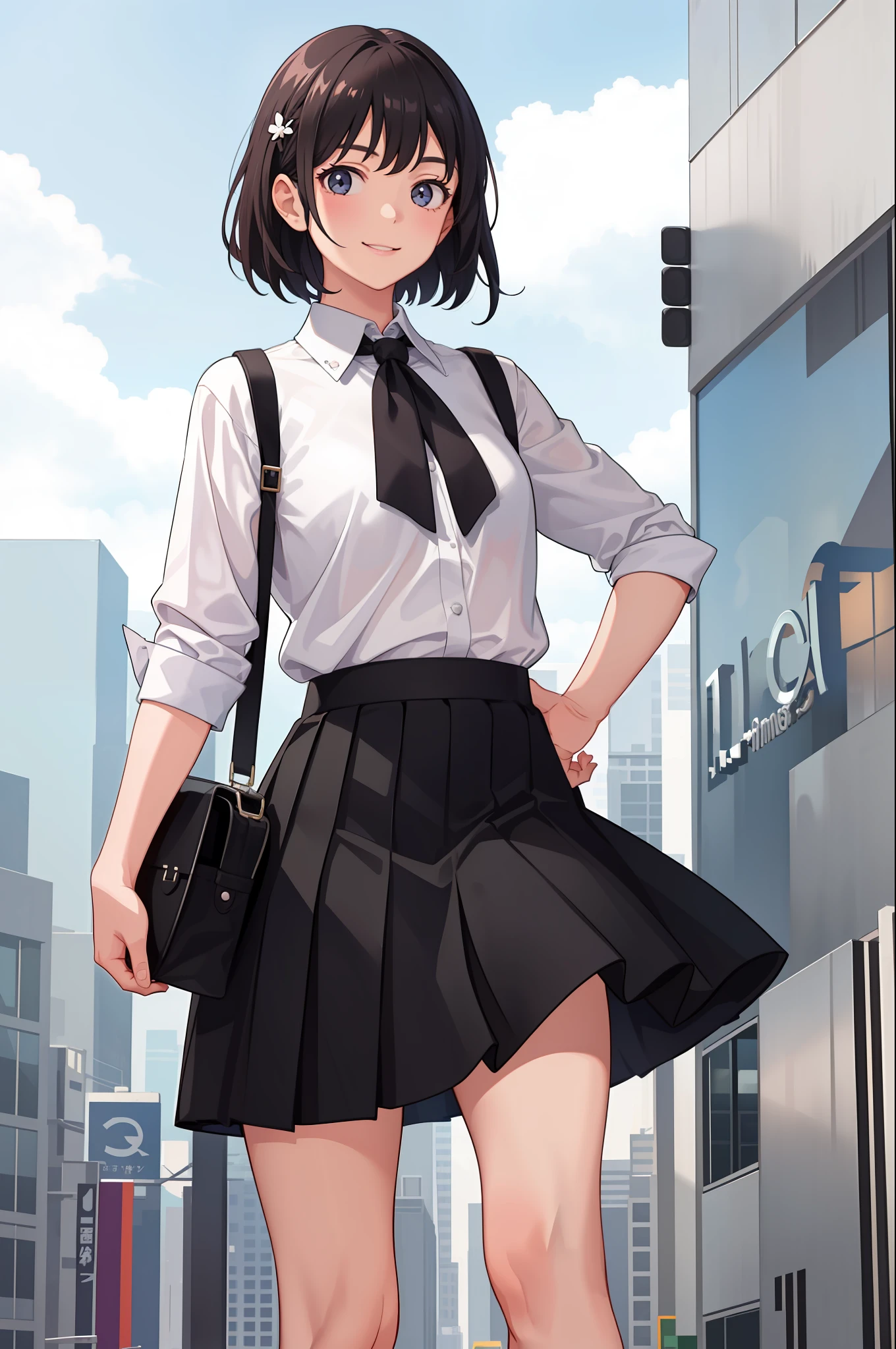 1 girl, smile, shirt, skirt, (small) chiralism,