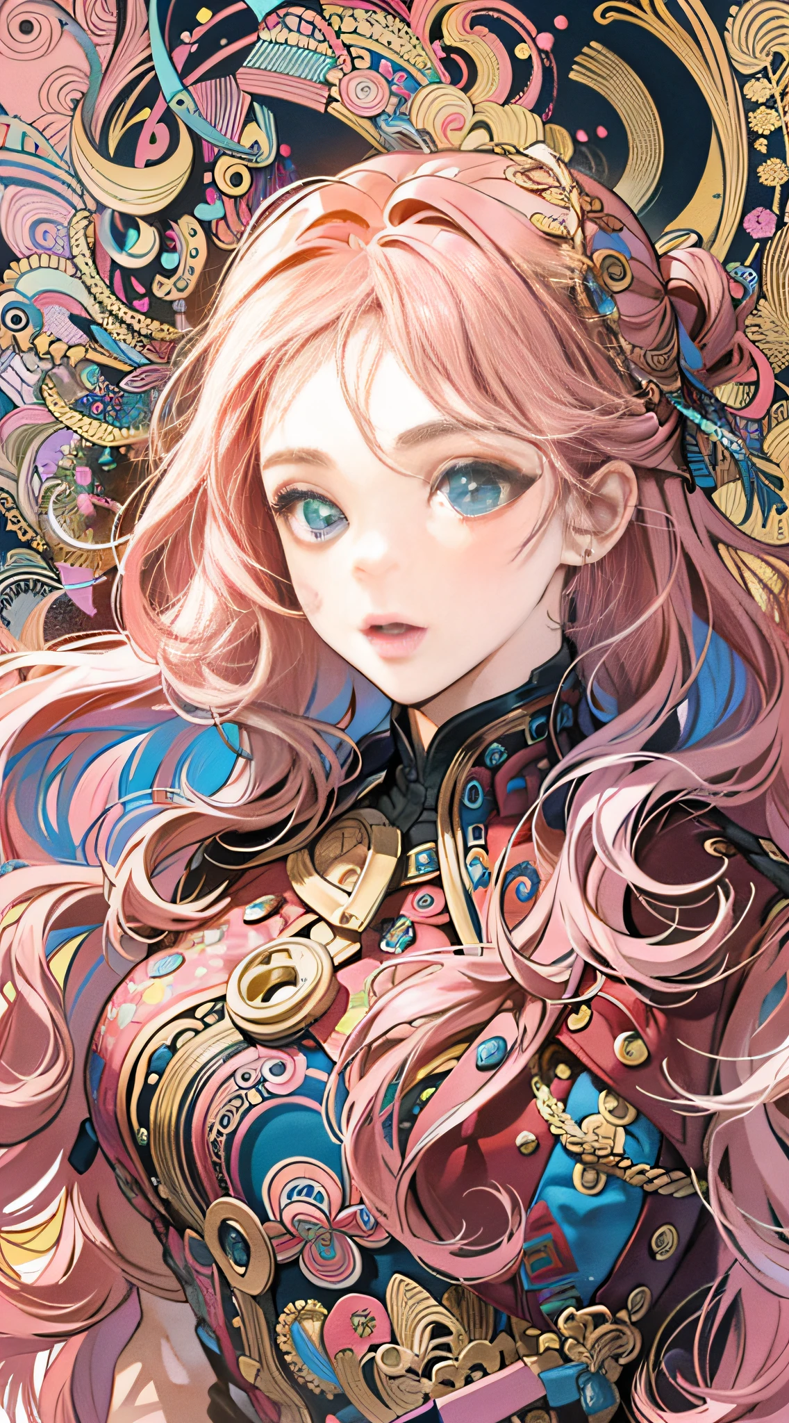((masterpiece:1.2, best quality)), ultra detailed, Ultra-precise depiction, Ultra-detailed depiction, (zentangle:1.2), (dynamic pose), (abstract background:1.5), wavy long hair, pink hair, 1girl, colorful, portrait, (from above:1.2)