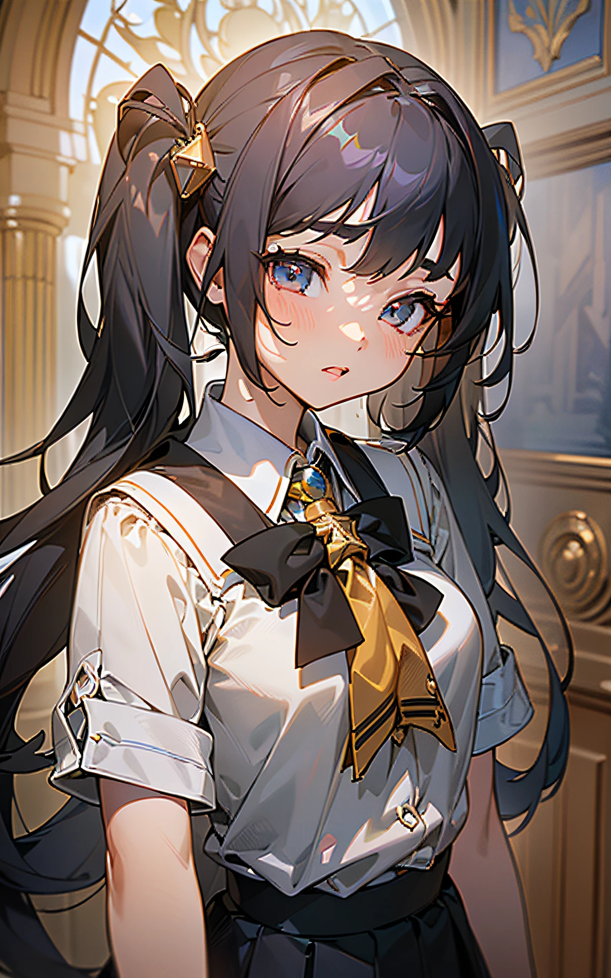 ((unity 16k wallpaper, masterpiece, best quality, ultra-detailed, extremely detailed CG, caustics, detailed, beautiful detailed eyes, ************, dynamic pose、curby)), ultra high-definition, fine skin, (cute: 1.2), (school uniform)、black hair、twin tail