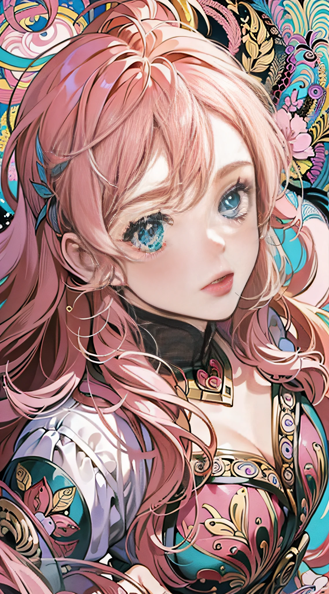 ((masterpiece:1.2, best quality)), ultra detailed, Ultra-precise depiction, Ultra-detailed depiction, (zentangle:1.2), (dynamic pose), (abstract background:1.5), wavy long hair, pink hair, 1girl, colorful, portrait, (from above:1.2)