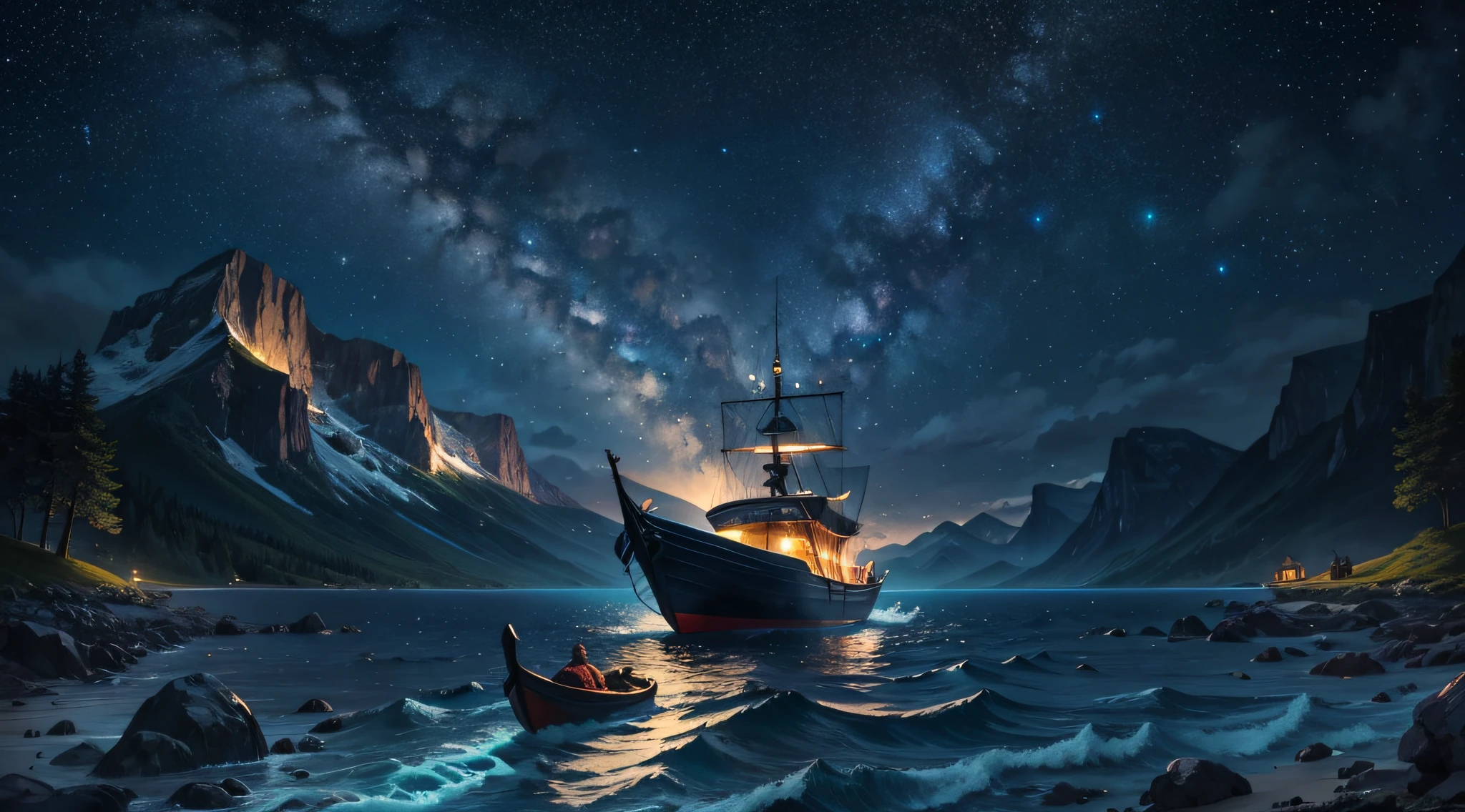 a vast ocean with surrounding mountain in magical starry night. a tiny ancient boat seen from afar. masterpiece, best quality, high detailed
