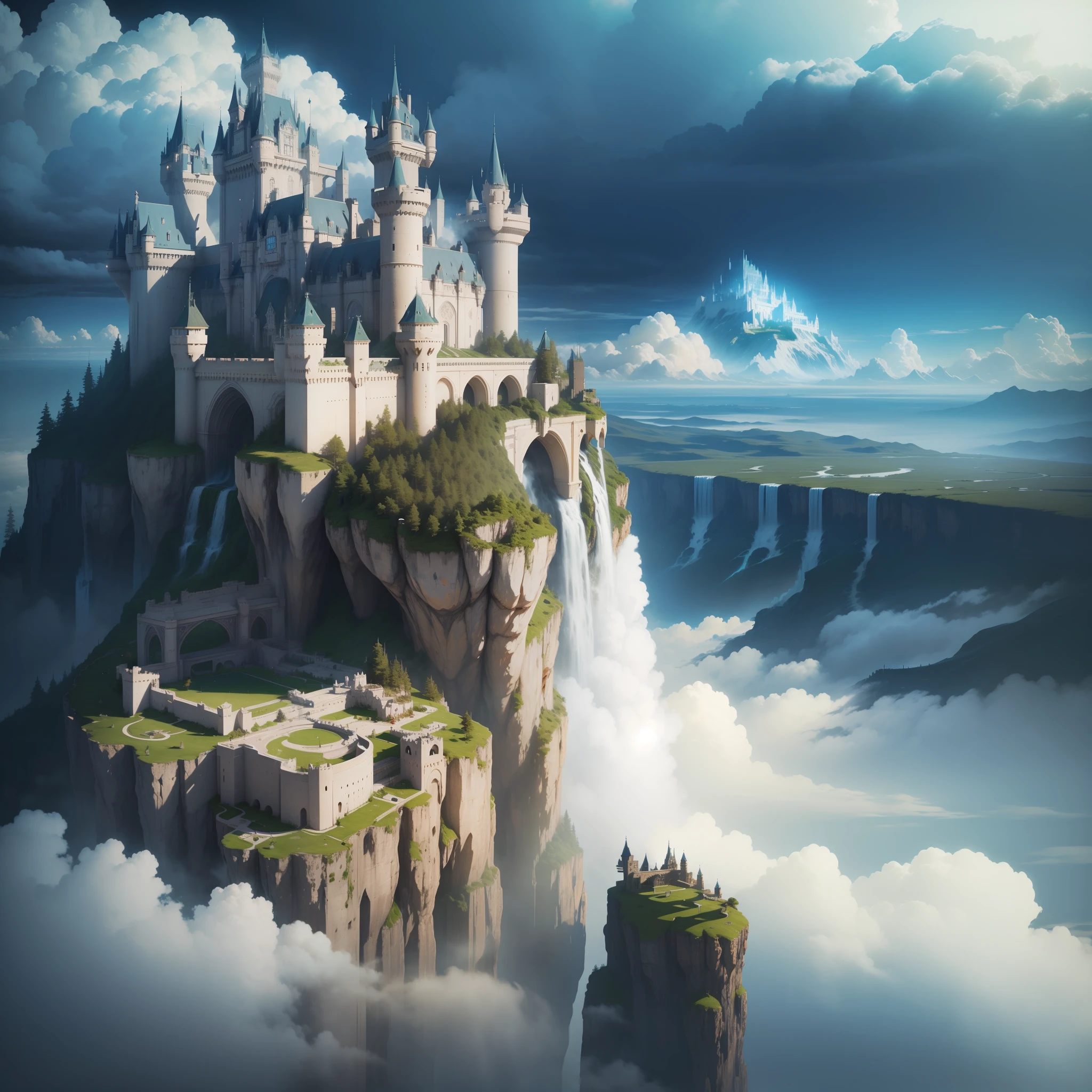 Super huge castle floating above the clouds Piercing through the clouds Mother Nature Top Quality Huge Waterfall Masterpiece Cyberpunk Anyway Huge Sci-Fi Fantasy