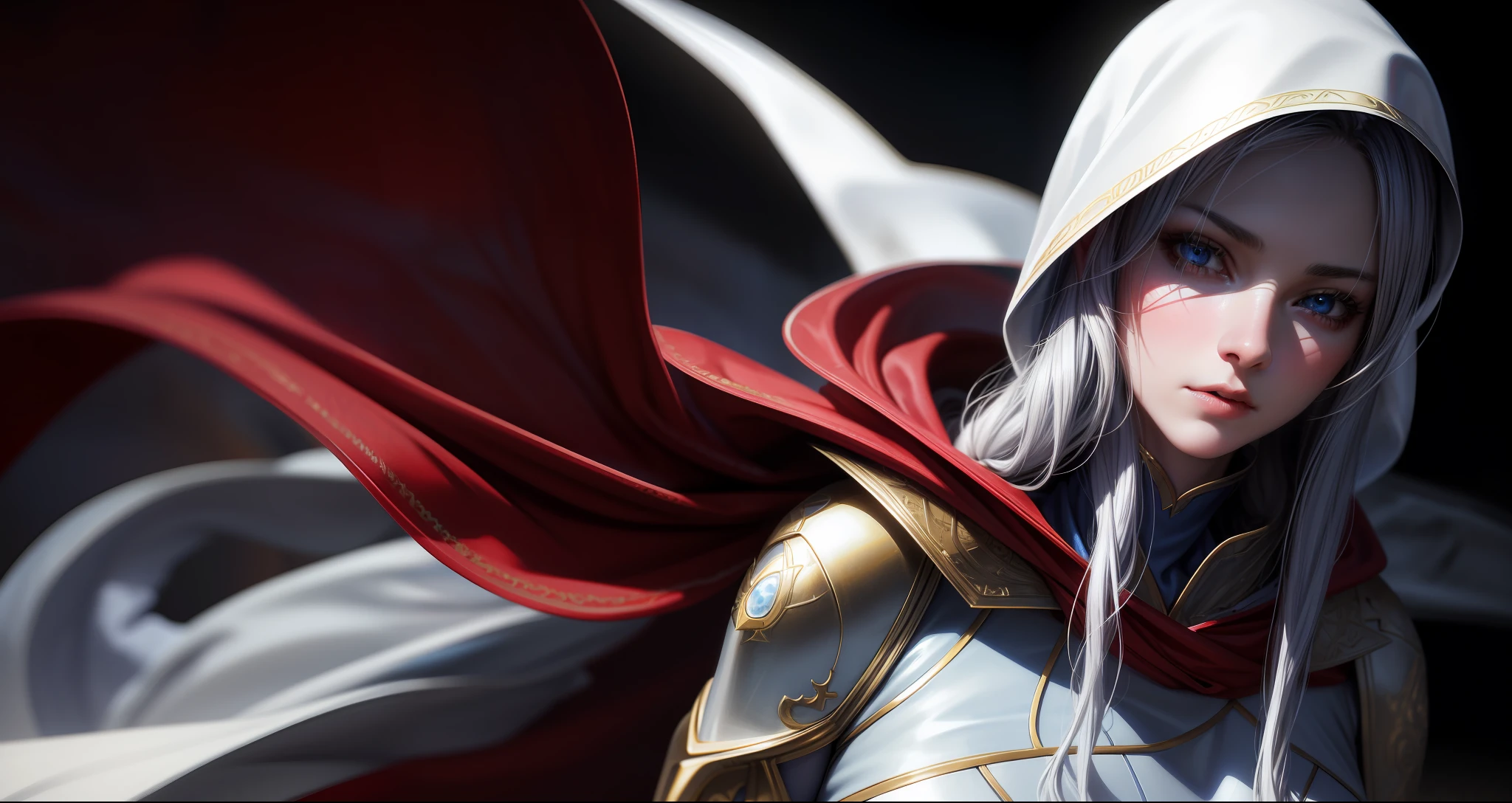 ((realistic photo)), (professional camera), (great lighting), (ultra-realistic), (blurred background), 23-year-old woman, blue eyes picina detailed (focus on the look), white skin (super detailed), (wearing crimson red colored hood), hair as if it were strands of bright golden gold with many details.
