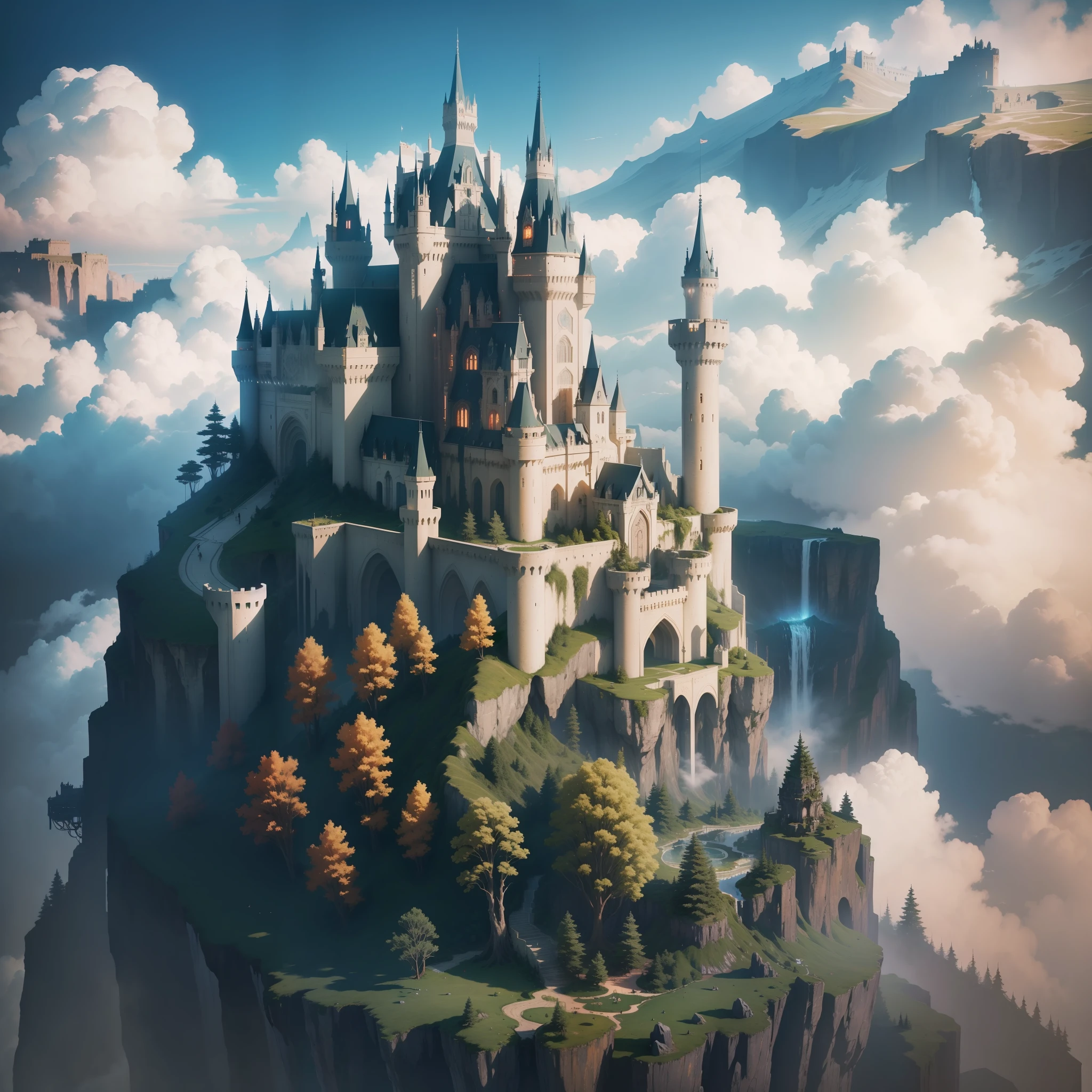 Super huge castle floating above the clouds Piercing through the clouds Mother Nature Top Quality Huge Waterfall Masterpiece Cyberpunk Anyway Huge Sci-Fi Fantasy