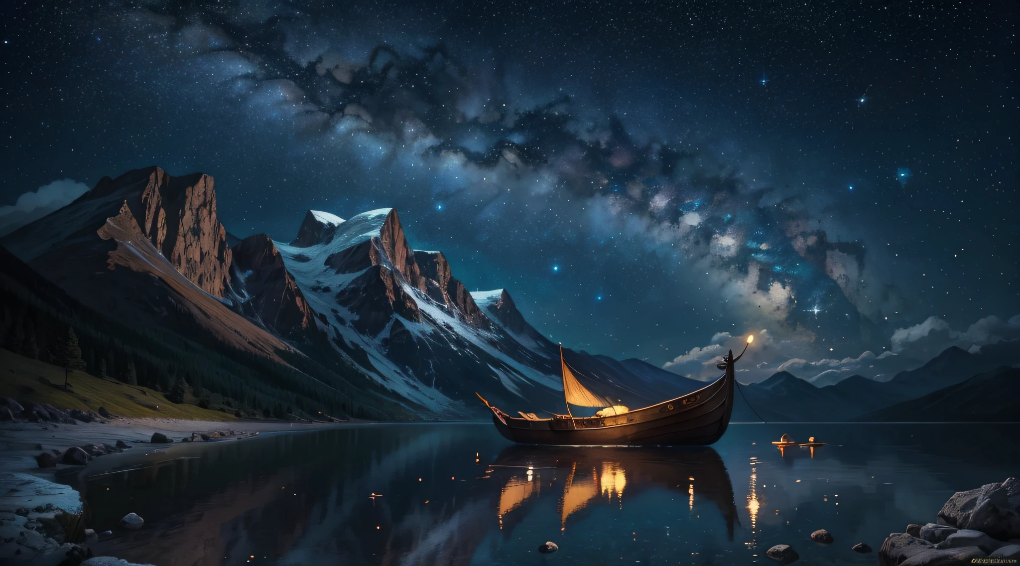 a vast ocean with surrounding mountain in magical starry night. a tiny ancient boat seen from afar. masterpiece, best quality, high detailed
