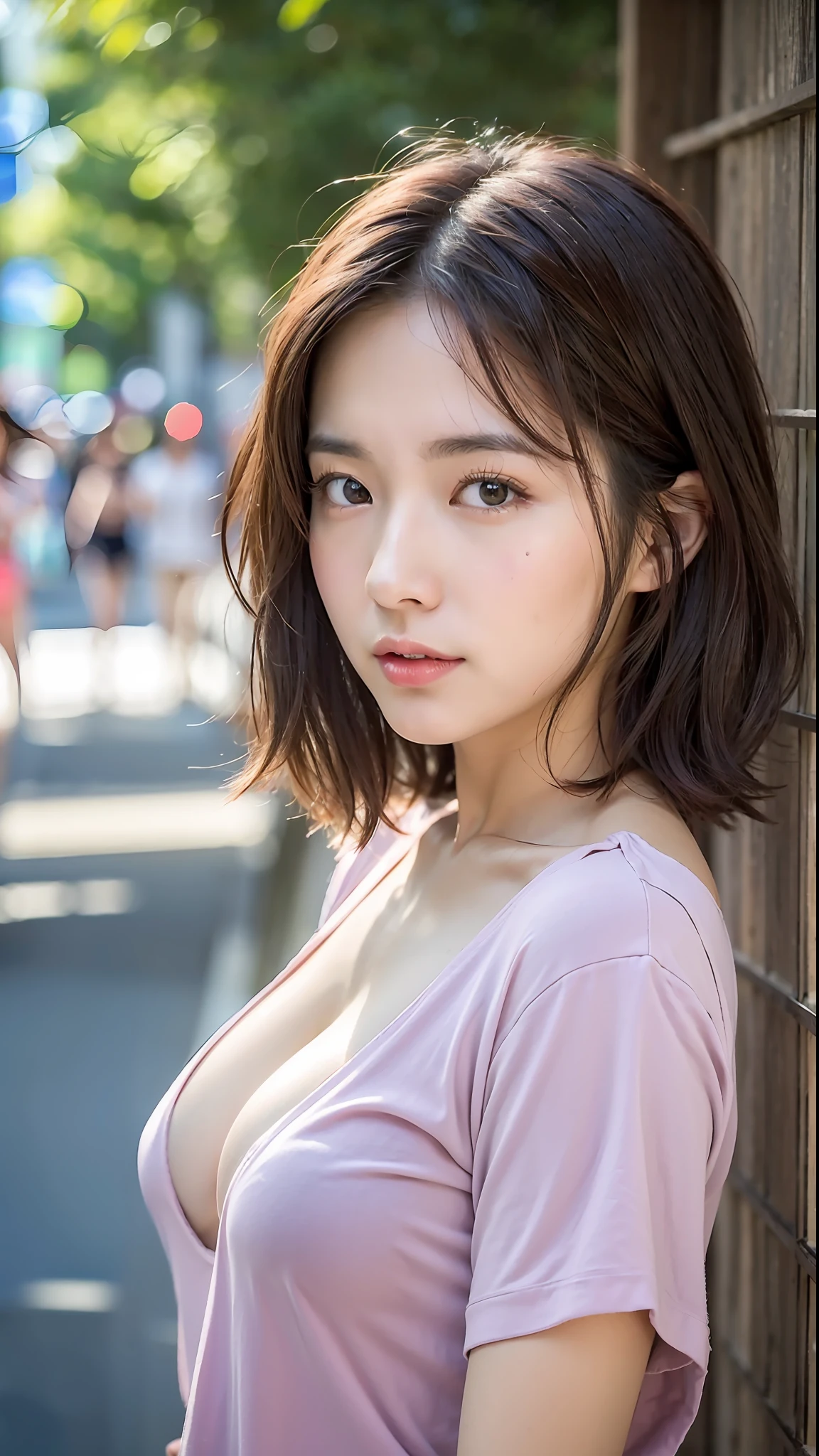 (Top Quality, 8k, 32k, Masterpiece, UHD: 1.2), Cute Japan Woman Photos, Medium Hair, Pretty Face, (Slouch: 1.3), (Close-Up: 1.4), POV, Loose T-shirt, Big Breasts, (Beautiful Nipple Slip: 0.9), Outdoors, Wind, Glossy Skin, Blurry Background,