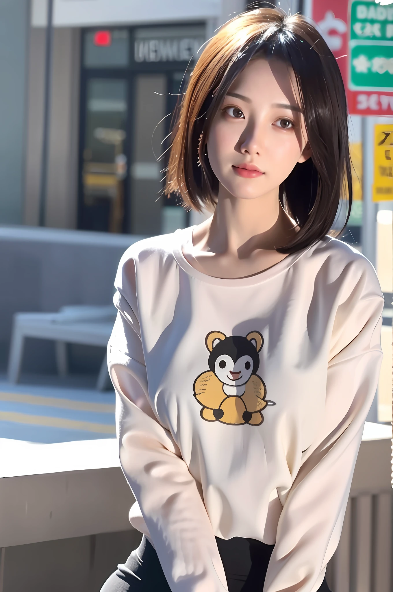 Incomparable masterpiece, perfect artwork, ((perfect female figure)), short hair, blonde, thin, realism, solo, (realism: 1.4), best quality, ultra high resolution, 1girl, porcelain, kpop ido, full body, ((tights)) (tight sweatshirt) black sweatshirt, (cartoon animal icon on clothing) (D cup) (straight breasts), beautiful, masterpiece, best quality, very detailed face, perfect lighting, solo, plain makeup, 👍 best quality, Ultra high resolution, (Realistic:1.4), Ultra detailed, Masterpiece, Best quality, Ulzzang -6500-v1.1