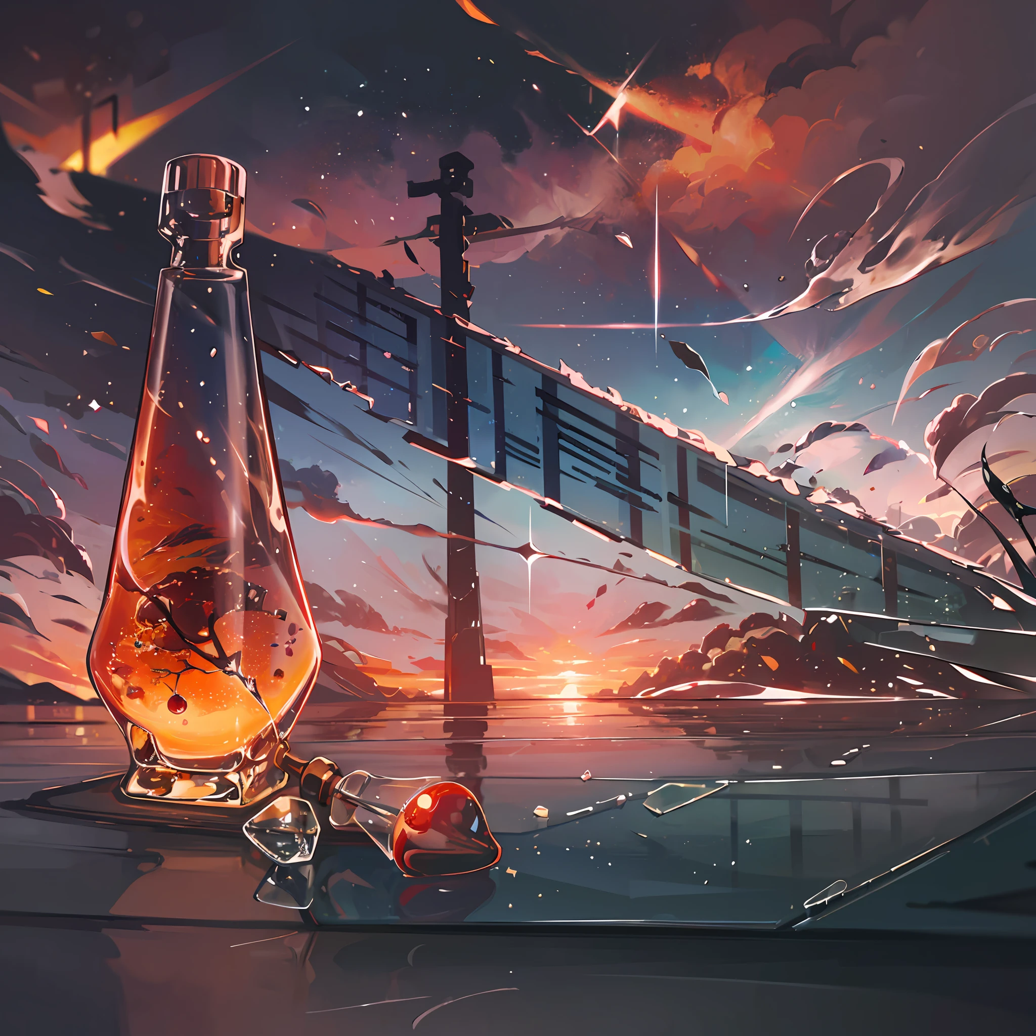 Computer, realistic fantasy, Extensive landscape ultrasound photography (general view, which shows a glass glass bottle, glass, ice, cherry), cork lying around, dawn dissolves in the bottle, meteor shower, blurred background, gloomy, magic --auto --s2