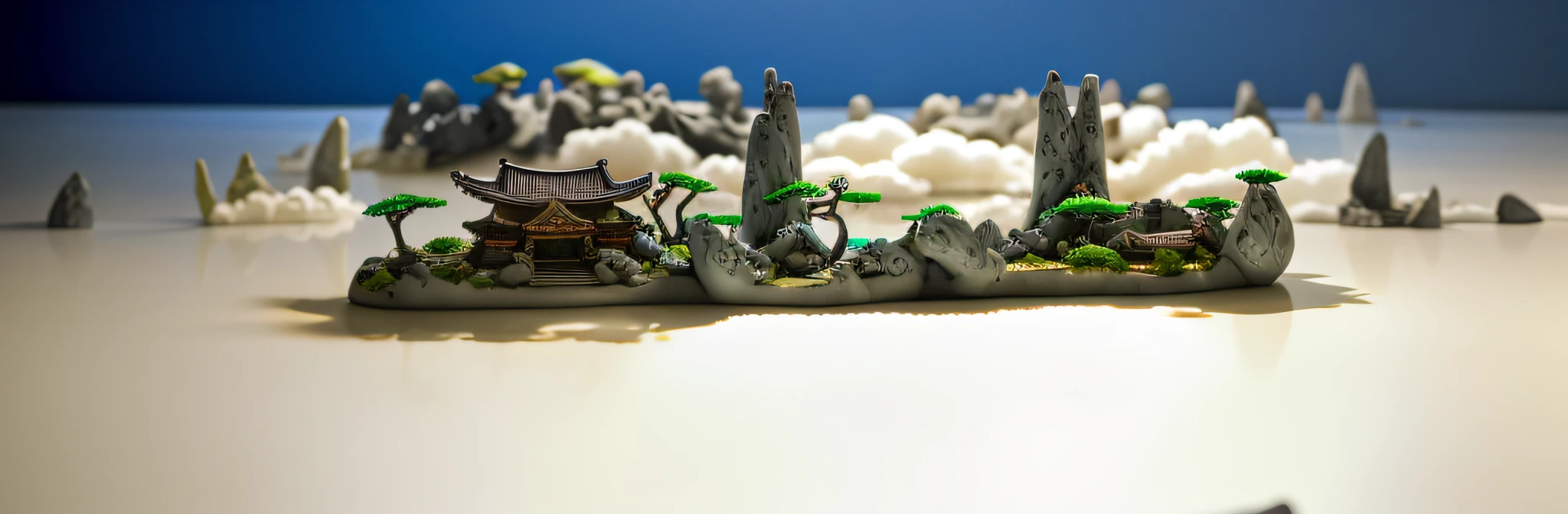 8000-year-old hedonistic style Asian dwellings, ethereal 6000-year-old plum trees, mountain peaks, lying in a white cloud wonderland, liquid clouds, emitting spore clouds, surreal water art, badly damaged walls, glowing flower-shaped clouds, slimy reflections, emotionalism, photos taken with Sony A7R cameras, clear focus on landscapes,
