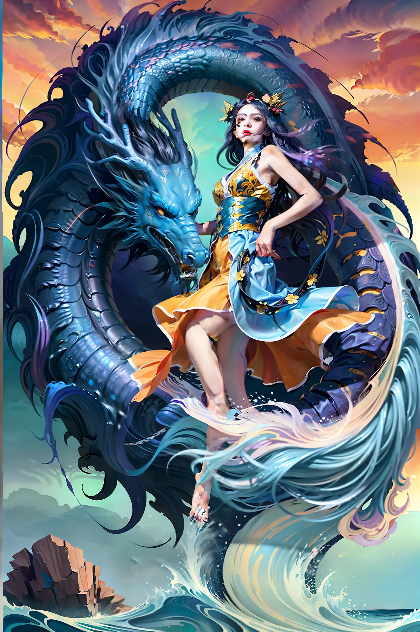 (Masterpiece, Top Quality, Best Quality, 1 Girl, Long Hair, (Glow: 1.15), (Team: 1.1), (Flowers: 1.15), (Monarch: 1.05), Long Coat, Surrounded by Giant Chinese Dragon, light_blue_hair, Liquid Hair, Long Hair, Floating Hair, Standing, Sun Dress, Liquid Clothes, Water, Waves, Tsunami, Tides, Sea, Water Dress, Fantasy, High Contrast, Explosion, Overexposure, Purple and Red Tone Impression, Negative Space,
