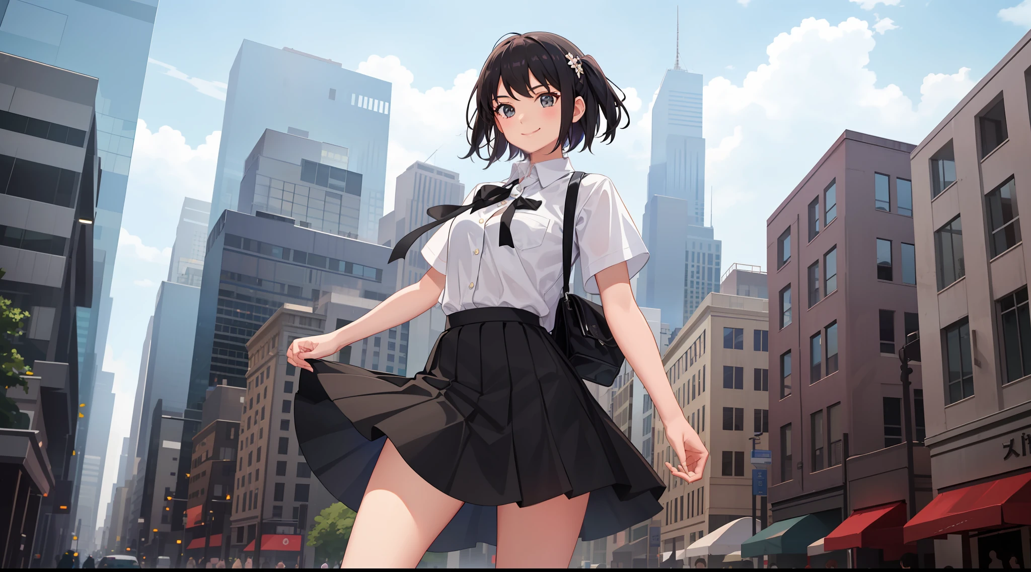 1 girl, smile, shirt, skirt, (small) chiralism,