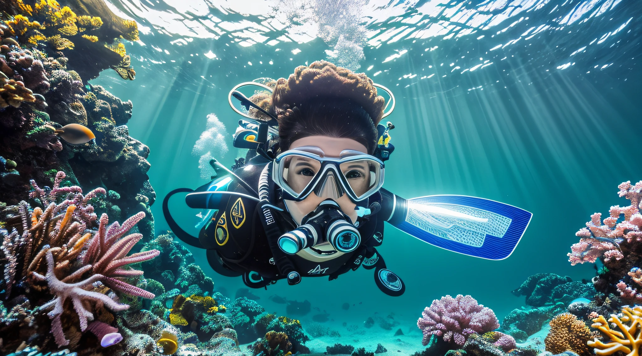 Capture a breathtaking hyper-realistic portrait of a scubadiver exploring the vibrant depths of the ocean. The diver should be wearing a black wetsuit, adorned with colorful aquatic patches. The lighting should emphasize the play of light and shadows underwater, illuminating the diver's face with a sense of awe and curiosity. The background should showcase the stunning underwater landscape with coral reefs, tropical fish, and rays of sunlight piercing through the water. The image should be captured in high definition (HD) and rendered in mesmerizing 8K resolution, ensuring every intricate detail of the scubadiver's gear and the underwater environment is faithfully reproduced. --auto --s2