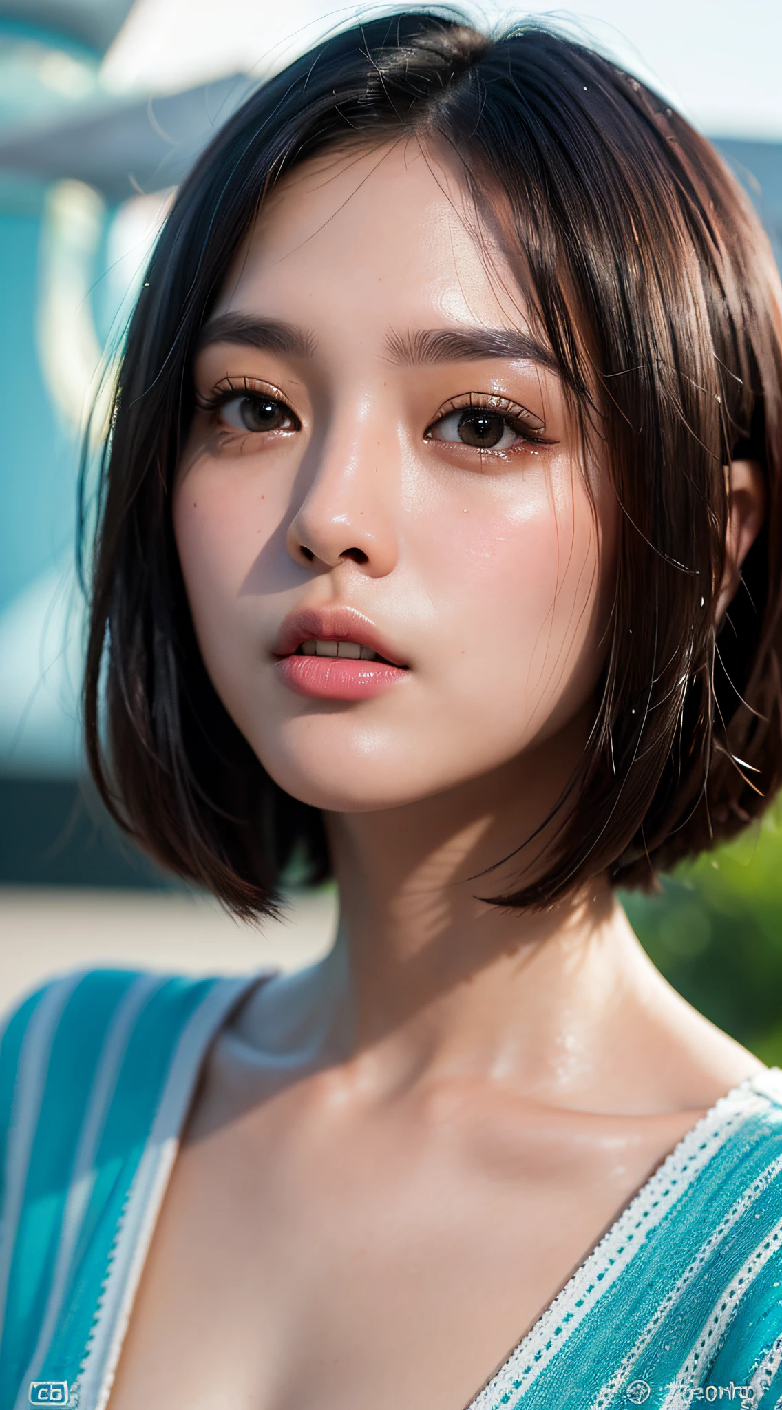 (Singapore:1.5), Close up, Masterpiece, Best quality, Raw photo, Photorealistic, Face, Incredibly absurd, Beautiful girl, Cute, Short hair, Depth of field, High resolution, Ultra detail, Fine detail, Very detailed, Very detailed eyes and face, Sharp pupils, Realistic pupils, Sharp focus, Cinematic lighting Colossal tits Bob Hair Fluffy Wave