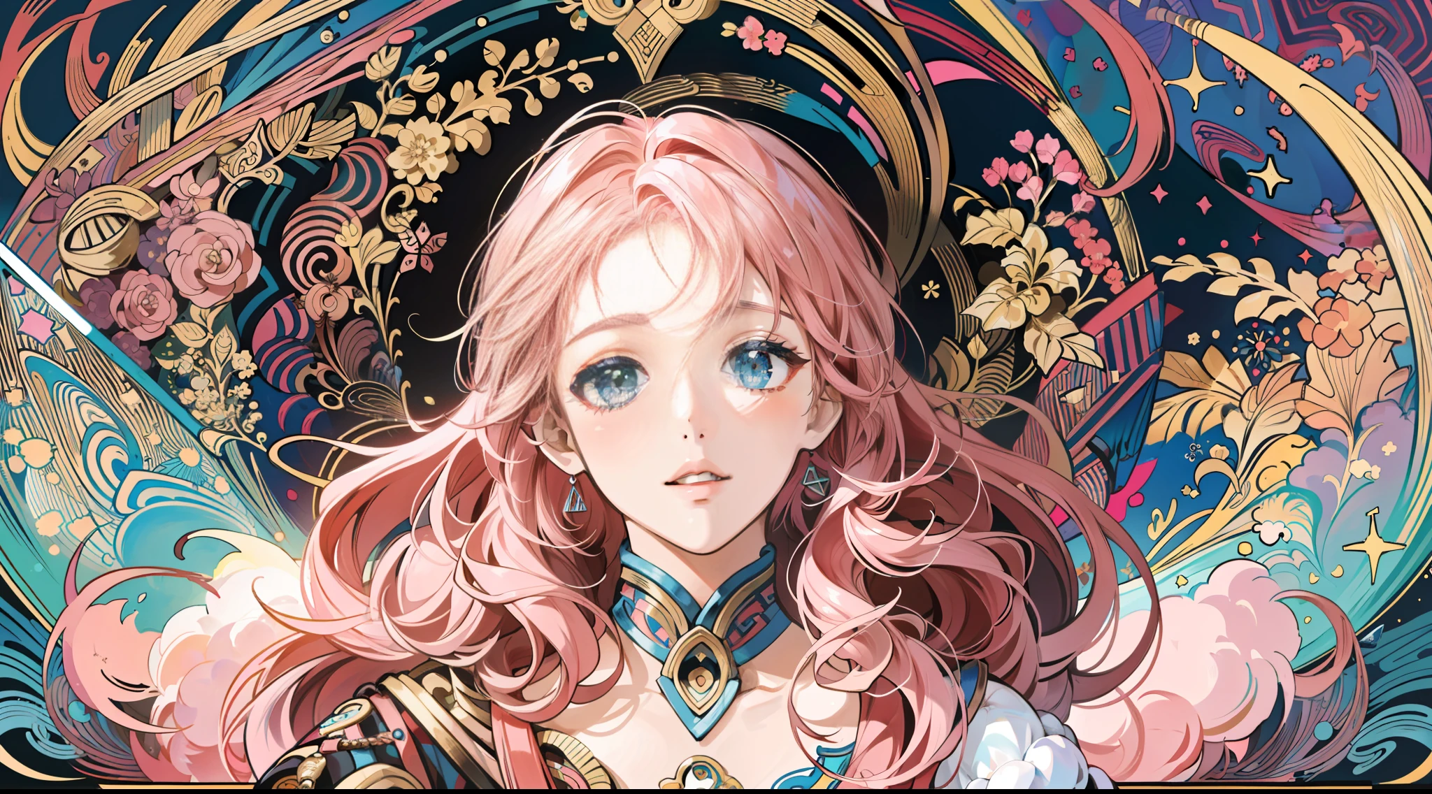 ((masterpiece:1.2, best quality)), ultra detailed, Ultra-precise depiction, Ultra-detailed depiction, (zentangle:1.2), (dynamic pose), (abstract background:1.5), wavy long hair, pink hair, 1girl, colorful, portrait, (from above:1.2)