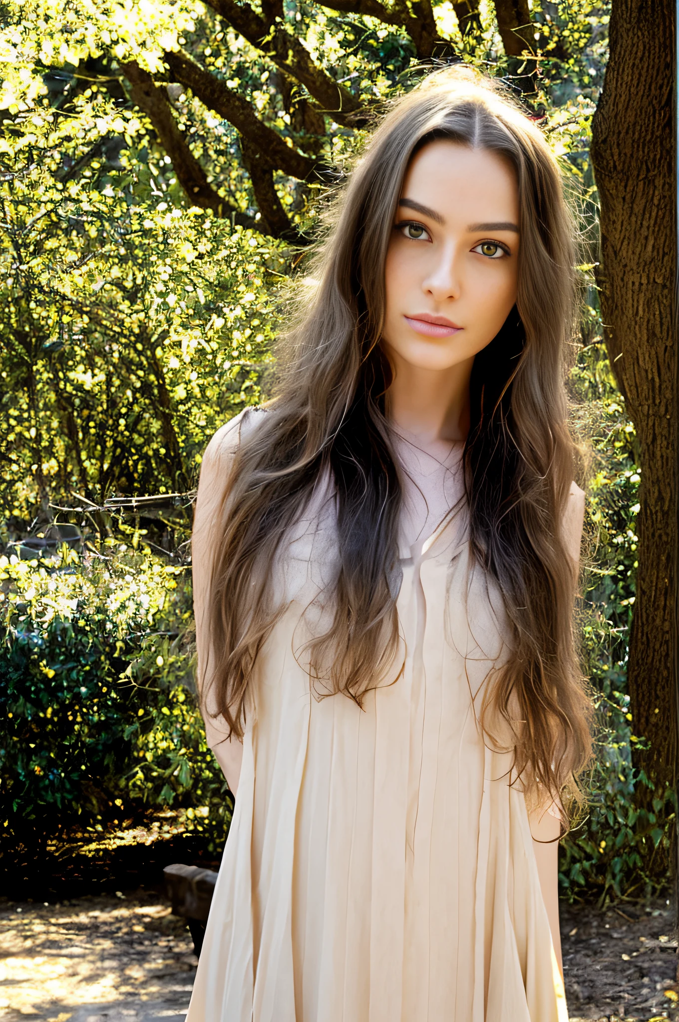 Full shot,portrait photography 1girl dasha beautiful young woman with transparent western tunic dress,long_hair, realistic, eyes visible through hair, proper eye position, natural skin, backlight, cinematic light, rim light, soft light , hips, in night time, city side background, detailed color graded background, intricate , highly detail, octane render,HDR, HD, 8k, by Annie Leibovitz
