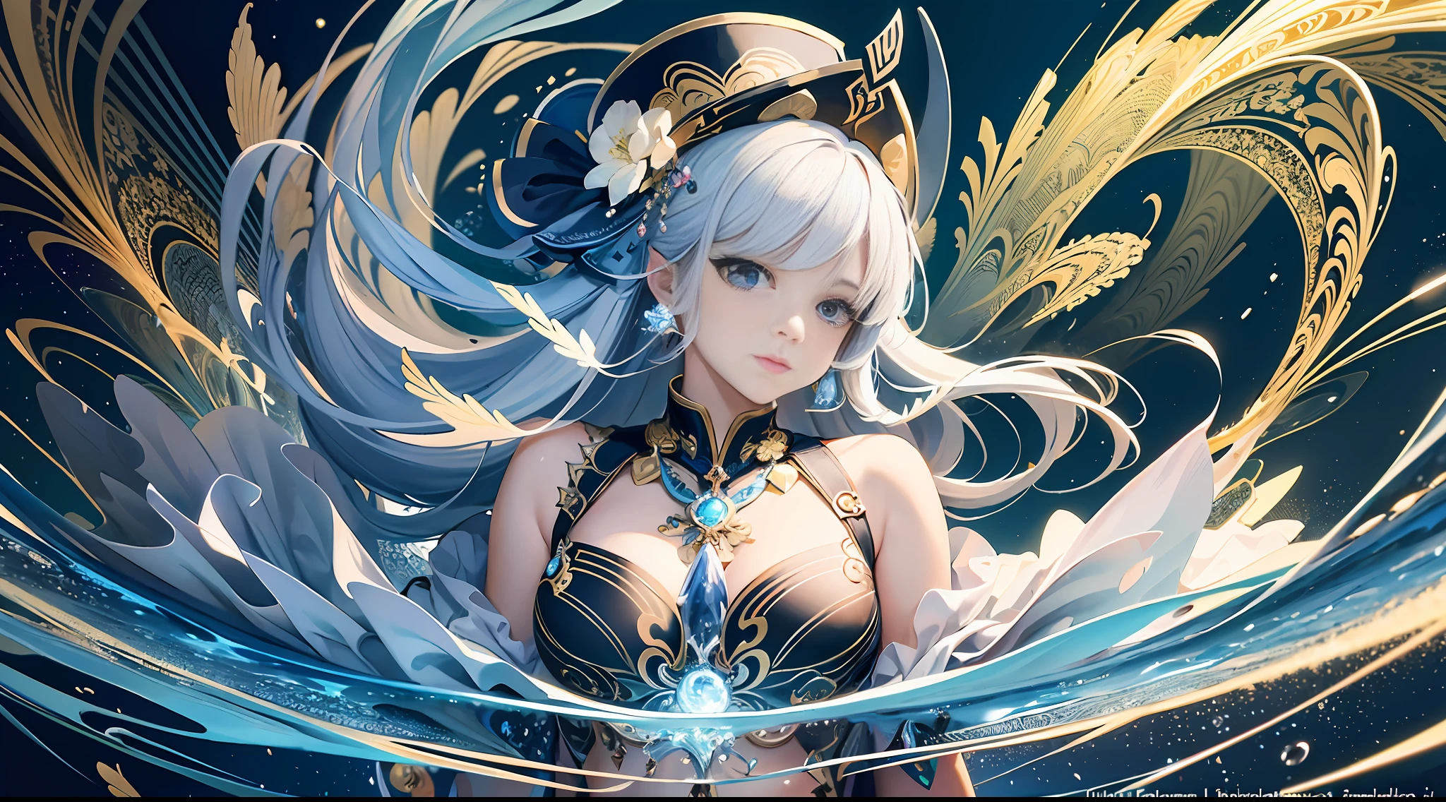 (masterpiece, top quality, best quality, official art, beautiful and aesthetic:1.2), (1girl:1.3), (fractal art:1.3), cowboy shot,

kamisato ayaka, floating water, glowing,