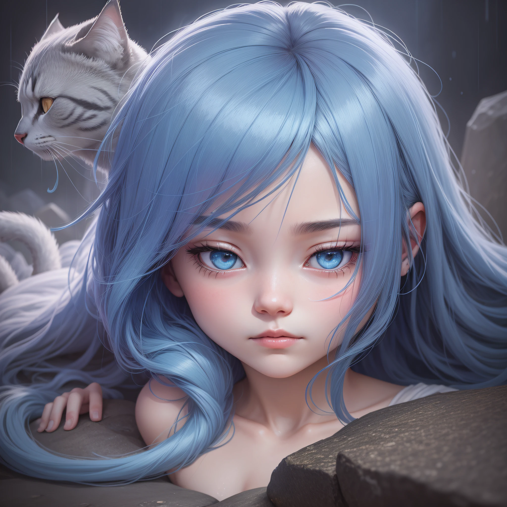 Pixel wind, lofi music, sadness, cat lying on a stone, light rain, a two-dimensional girl looking sadly into the distance, the girl has long blue hair, a sense of quiet atmosphere, the highest picture quality, the highest quality, ultra-clear resolution, masterpiece lying posture --auto --s2