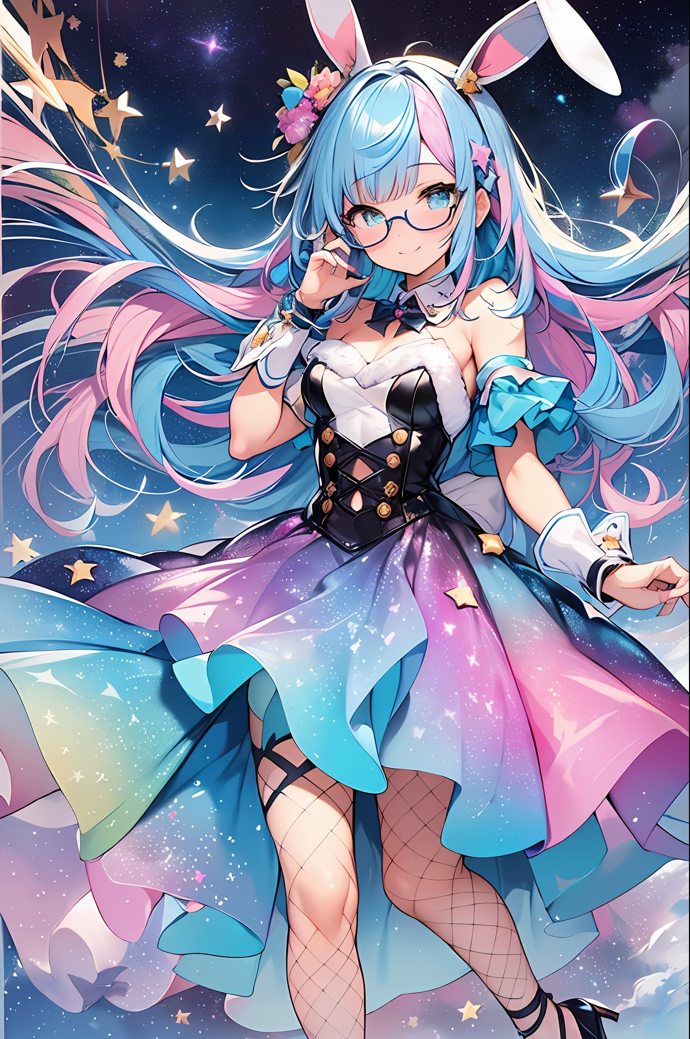 (Masterpiece, Highest Quality, Best Quality, Watercolor Art (Pendant), Official Art, Beautiful and Aesthetic, (1.3), (1 Girl: 1.3), (Fractal Art: 1.3), Full Body, Star-shaped Pupil, , Pattern, ((iridescent hair, colorful hair, half blue and half pink hair: 1.2)), Aqua, Liquid, Cloud, Colorful, Starry Night, Star, Smile, Glasses, Writing, Heterochromia, (Colorful: 1.5), galaxy, looking up at the stars, ((dressed as a bunny girl)), fishnet stockings
