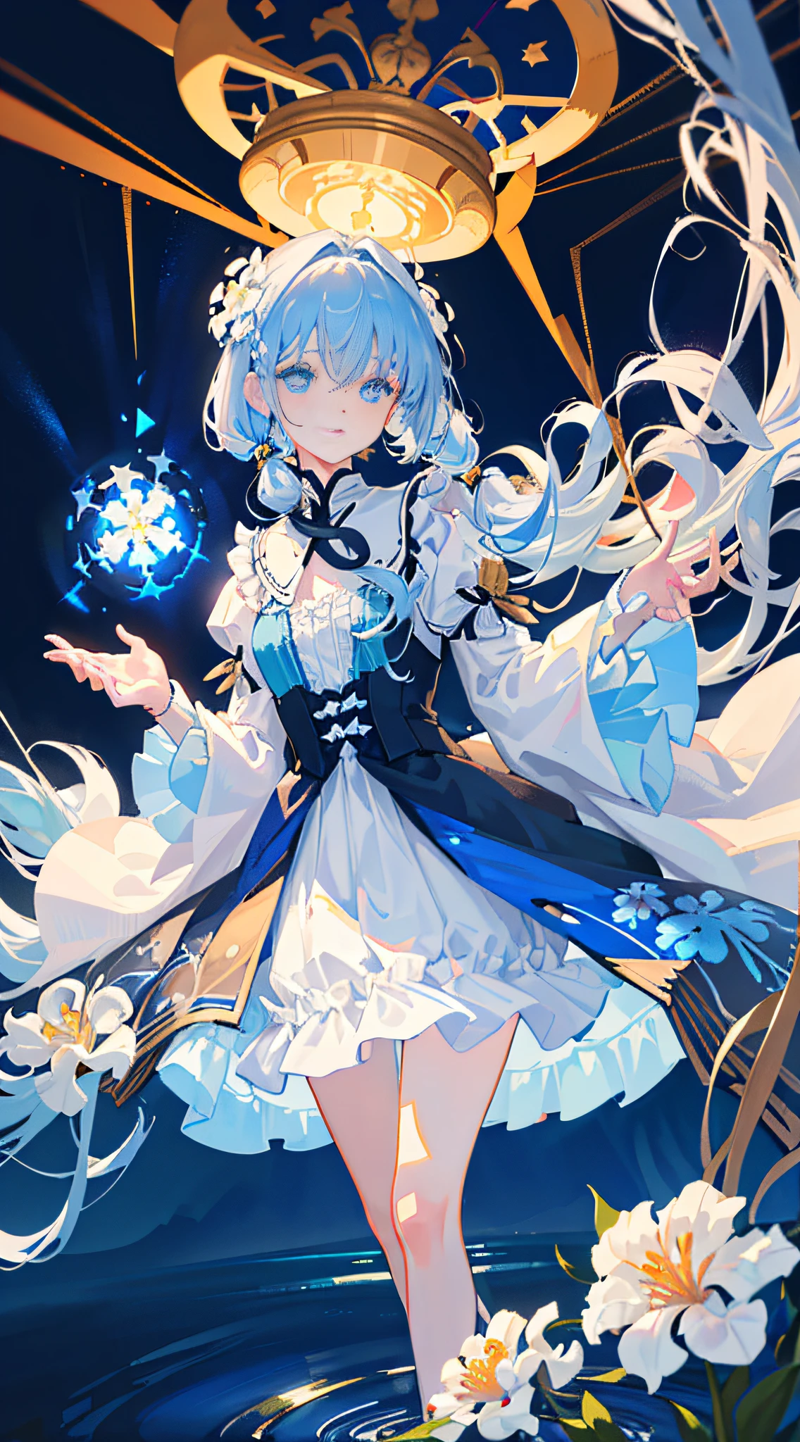 (overlooking), dynamic angle, ultra-detailed, illustration, close-up, direct view, 1girl, (fantasy: 1.4), (blue eyes: 1.233), her eyes shine like dreamy stars, (glowing eyes: 1.233) ,(beautiful and detailed eyes: 1.1),(silver hair: 1.14),(messy hair, very long hair, french braid, hair between the eyes, side hair),(+(blue hair flower: 1.14) ),(chiffon dress, uniform blue flower pattern)/=(military uniform: 1.24),(separate sleeves, wide sleeves),(fingerless gloves),choker,(miko thighhighs),high-heeled boots,(expressionless ,shut up),(standing), (classical princess boudoir with dressing table, floor-to-ceiling windows, white ancient palace),(white flowers, blooming),(deep sea),(flowing water),(dark blue world tree: 1.14),(ruins),( Night: 1.2 ), dreamy, soul, (fluorescent), (flying translucent blue butterfly: 1.15), [[delicate fingers and hands: 0.55]::0.85], (finger details), (yubao: 0.5)