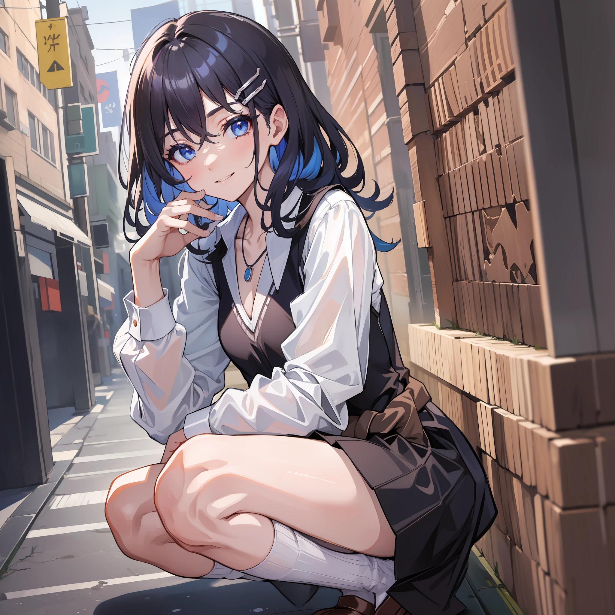 (名傌), ((highest quality)), (super detail), 1 girl, dark blue hair color, short hair, street, squatting, white panties, hair between eyes, dark blue eyes, hair ornament, chest, school uniform, collared shirt, hairshed, clothes around the waist, bangs, black socks, black vest, long hair, long sleeves, cardigan, side lock, knee high, dress shirt, necklace, collarbone, black dress, jewelry, sweater,evil smile, bangs, small breasts, perfect hands, hand details, fixed fingers, looking_al_Viewer, top quality, rich detail, perfect image quality,