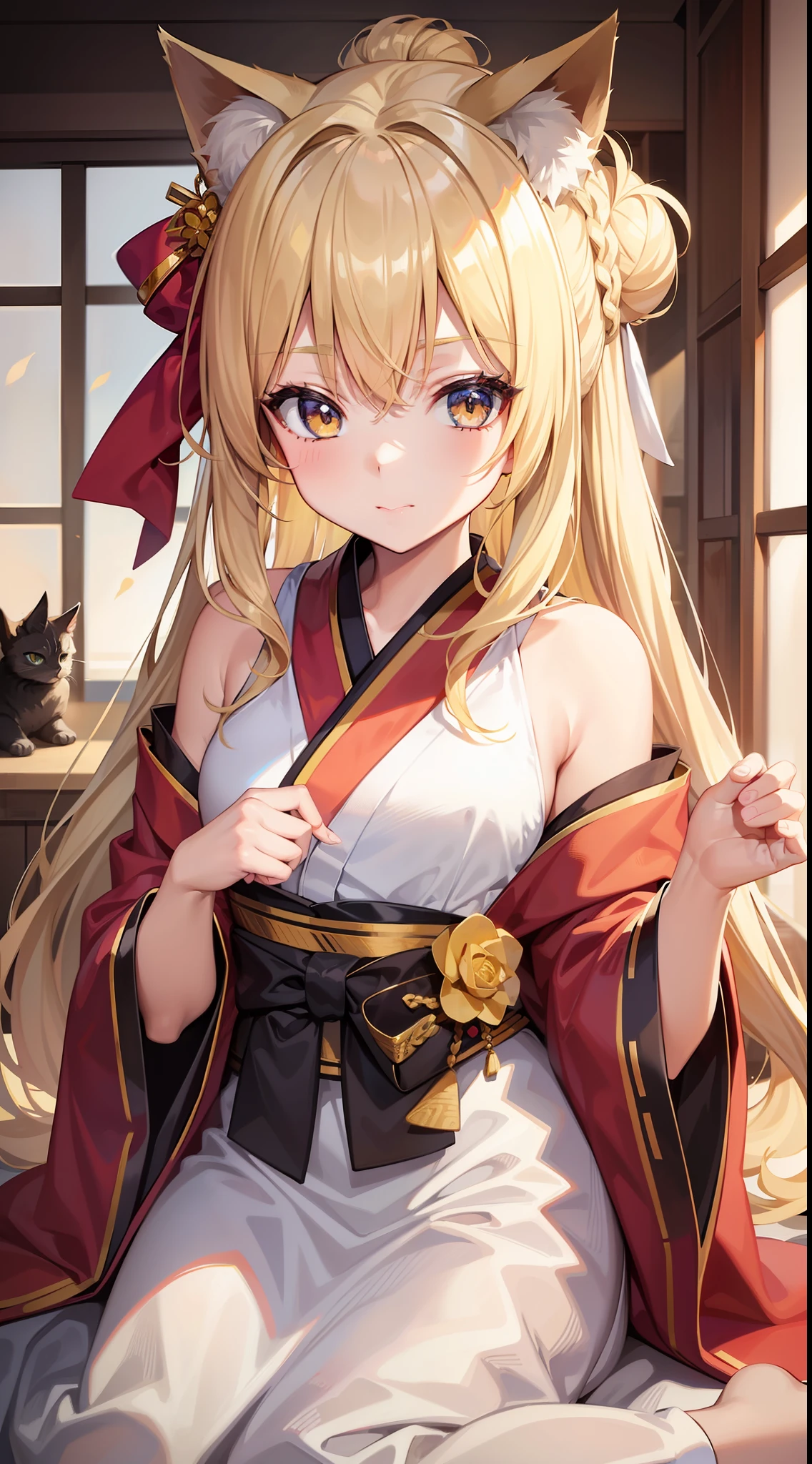 Young girl, blonde hair in a bun, amber eyes, cat ears, kimono, masterpiece, high quality