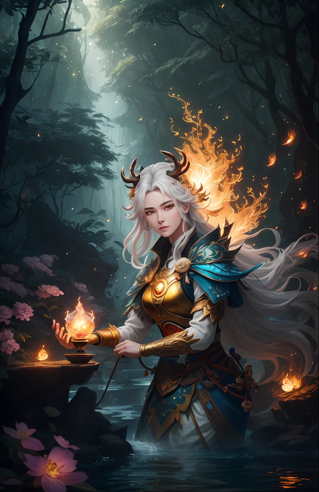 Masterpiece, best quality, (very detailed CG unified 8k wallpaper), (best quality), (best illustration), (best shadow), close-up of a beauty with white hair and white mask, beautiful figure painting, Guvitz, Guwiz style artwork, white-haired god, Yang J, epic exquisite character art, amazing character art, Fan Qi, Wu Zhun Shifan, Guwiz in pixiv art station, glowing elf, with a glowing deer, drinking water in the pool, Natural elements in forest theme. Mysterious forest, beautiful forest, nature, surrounded by flowers, delicate leaves and branches surrounded by fireflies (natural elements), (jungle theme), (leaves), (branches), (fireflies), (particle effects) and other 3D, Octane rendering, ray tracing, super detailed