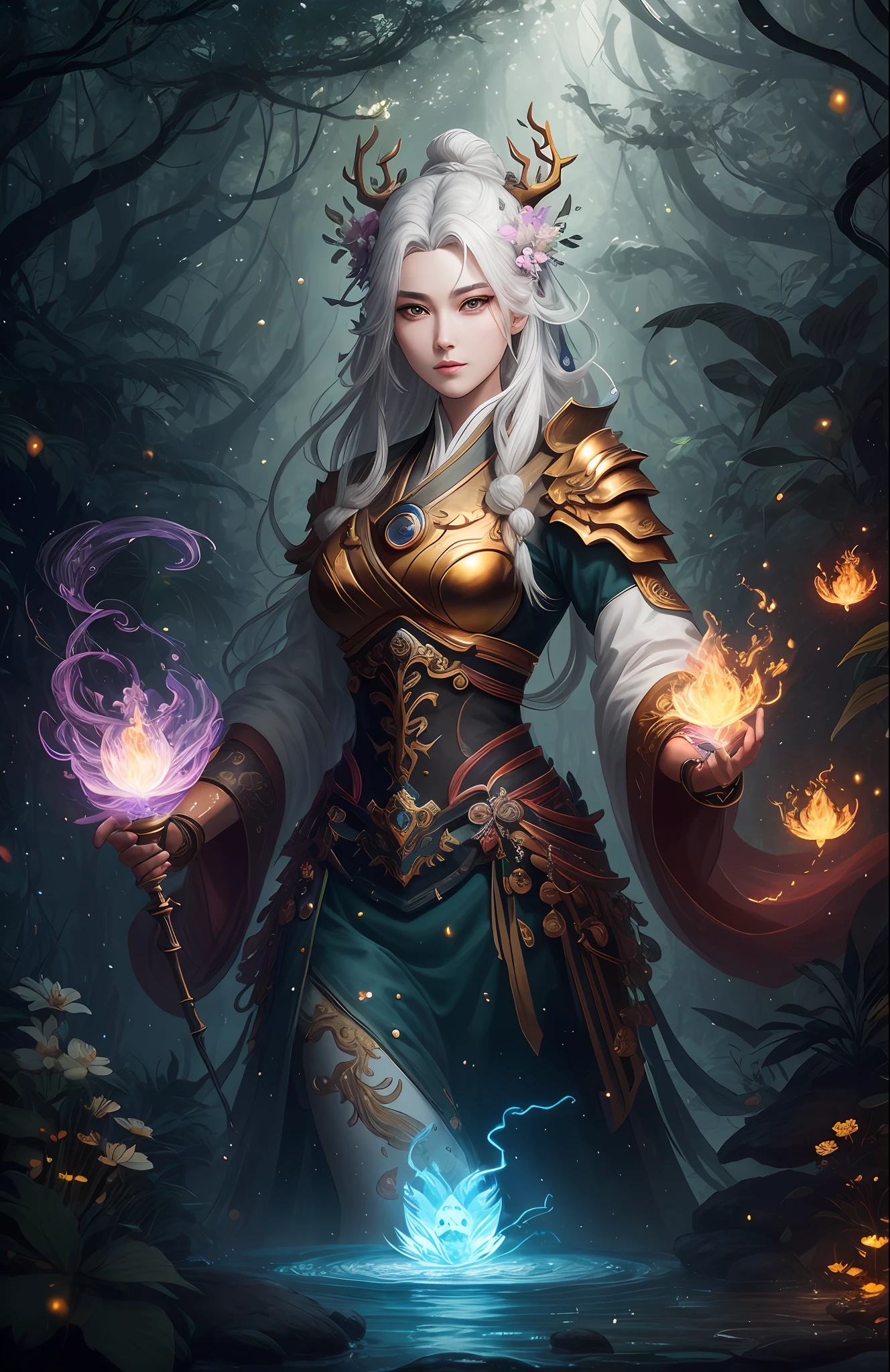 Masterpiece, best quality, (very detailed CG unified 8k wallpaper), (best quality), (best illustration), (best shadow), close-up of a beauty with white hair and white mask, beautiful figure painting, Guvitz, Guwiz style artwork, white-haired god, Yang J, epic exquisite character art, amazing character art, Fan Qi, Wu Zhun Shifan, Guwiz in pixiv art station, glowing elf, with a glowing deer, drinking water in the pool, Natural elements in forest theme. Mysterious forest, beautiful forest, nature, surrounded by flowers, delicate leaves and branches surrounded by fireflies (natural elements), (jungle theme), (leaves), (branches), (fireflies), (particle effects) and other 3D, Octane rendering, ray tracing, super detailed