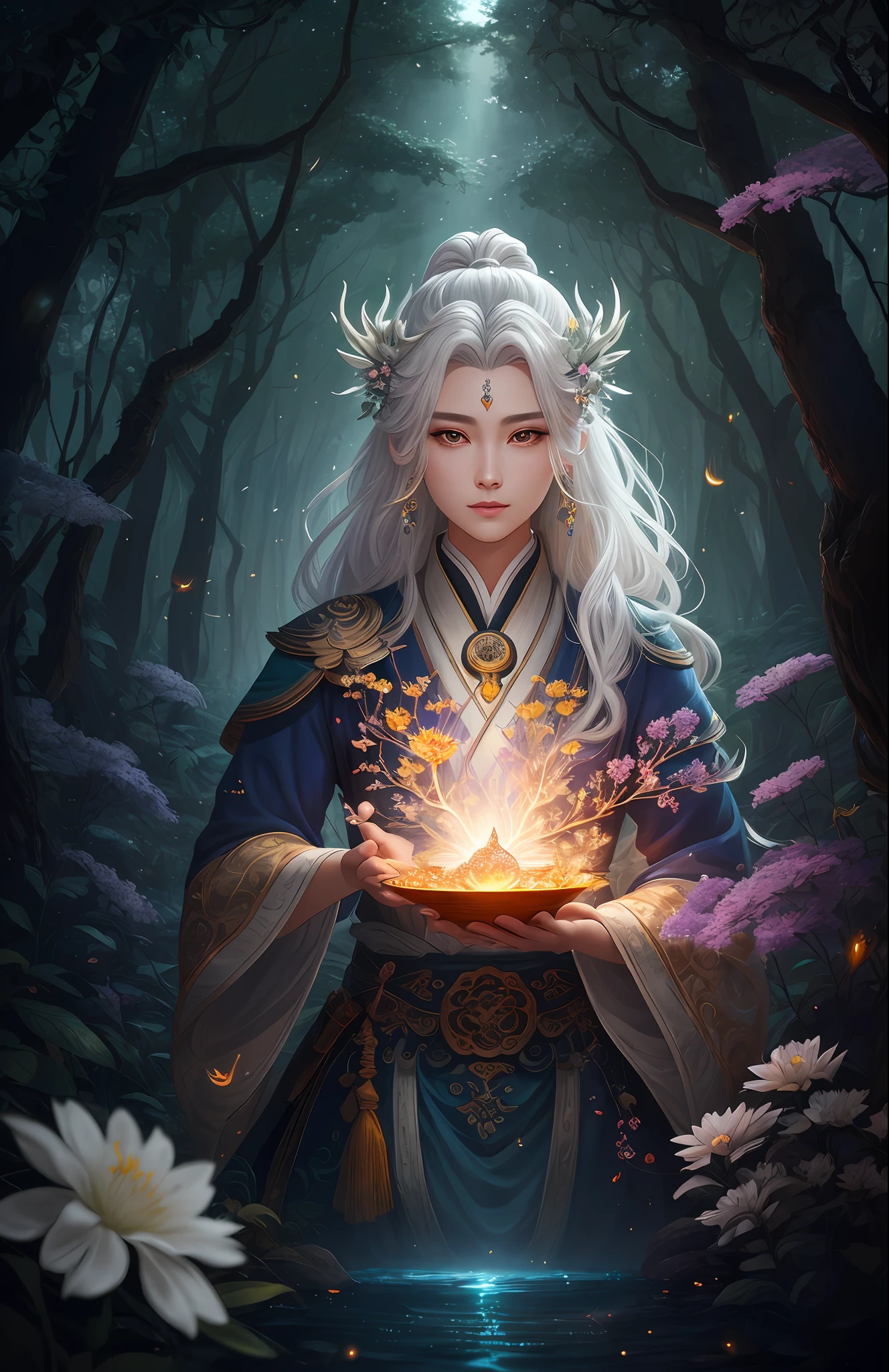 Masterpiece, best quality, (very detailed CG unified 8k wallpaper), (best quality), (best illustration), (best shadow), close-up of a beauty with white hair and white mask, beautiful figure painting, Guvitz, Guwiz style artwork, white-haired god, Yang J, epic exquisite character art, amazing character art, Fan Qi, Wu Zhun Shifan, Guwiz in pixiv art station, glowing elf, with a glowing deer, drinking water in the pool, Natural elements in forest theme. Mysterious forest, beautiful forest, nature, surrounded by flowers, delicate leaves and branches surrounded by fireflies (natural elements), (jungle theme), (leaves), (branches), (fireflies), (particle effects) and other 3D, Octane rendering, ray tracing, super detailed