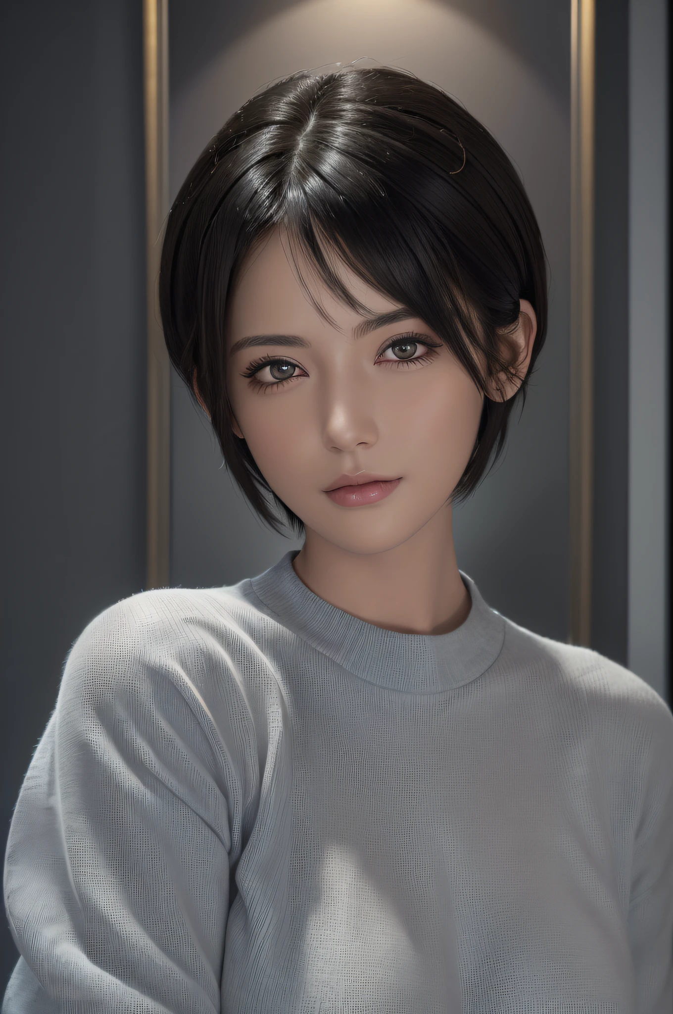 A woman with a short black hair and a gray sweater - SeaArt AI