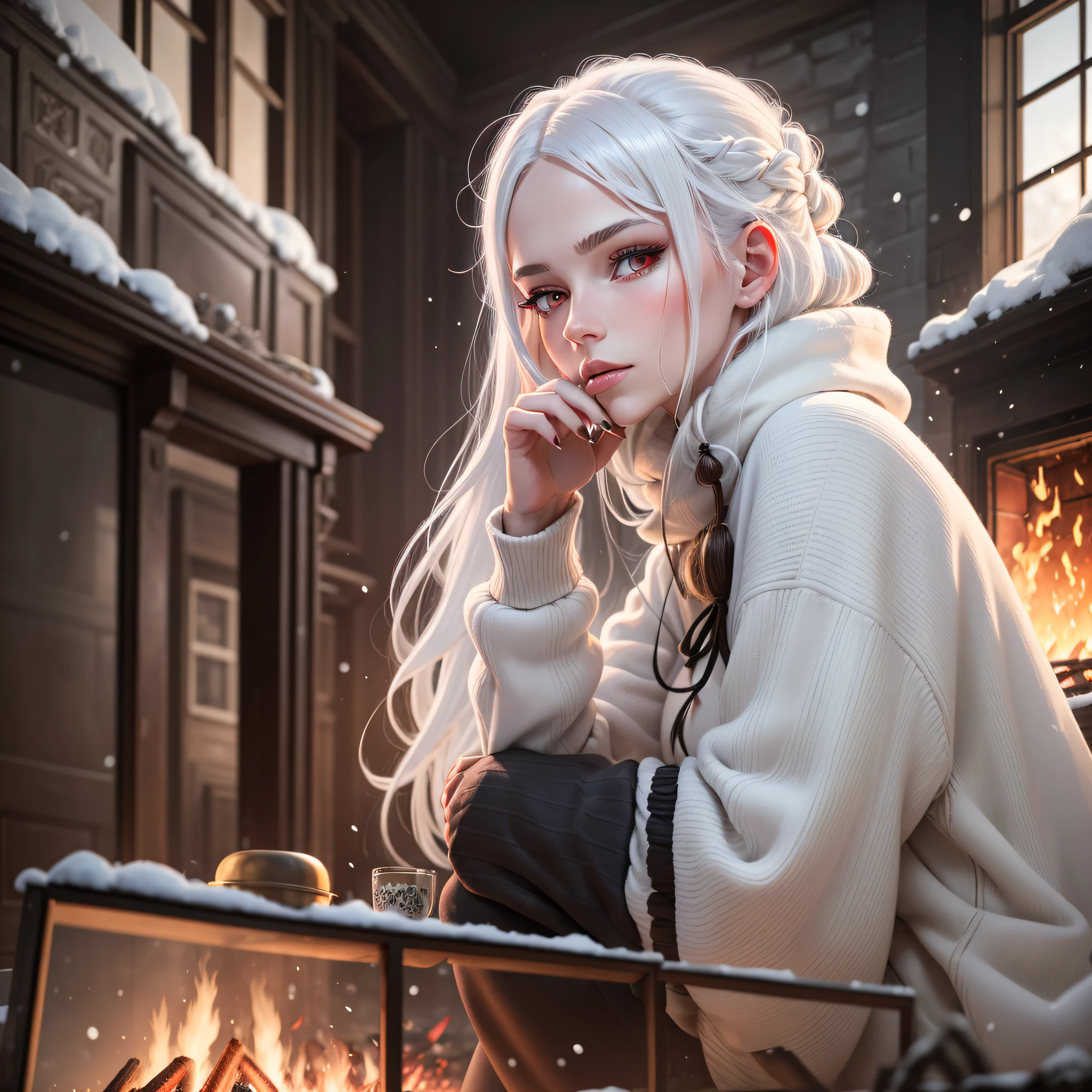 White hair, red eyes, female, sitting by the fireplace, the fire illuminated her side face, snow outside the window,