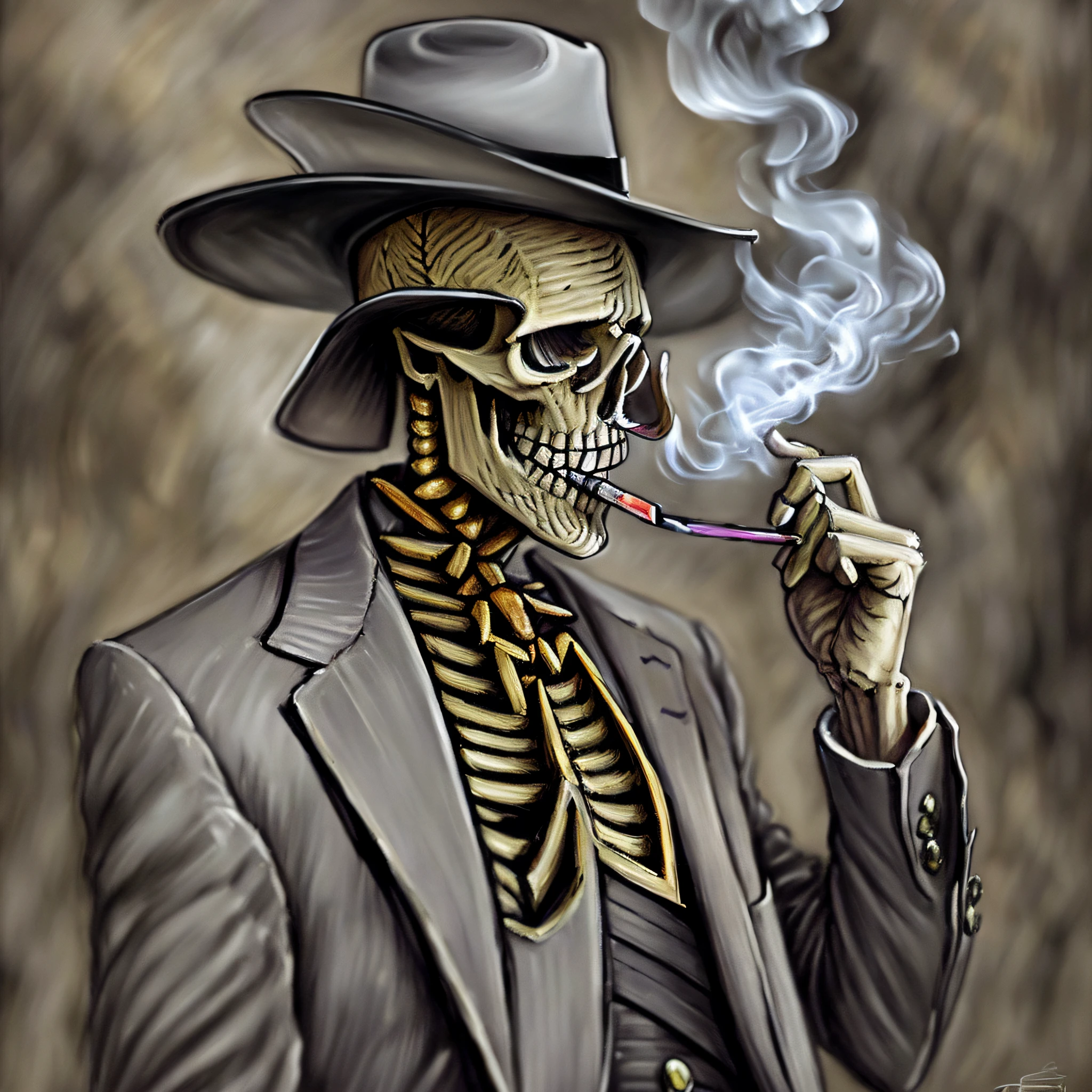 ((NSFW, high quality, low saturation), Alafeld Skeleton wearing a suit and wearing a hat, he is smoking a cigar, his head is a skull, gray anthropomorphism, wearing a mysterious horror hat, ((skeleton) + smoking cigars: 1.1), Grim Reaper hat, flipping his fedora) --auto --s2