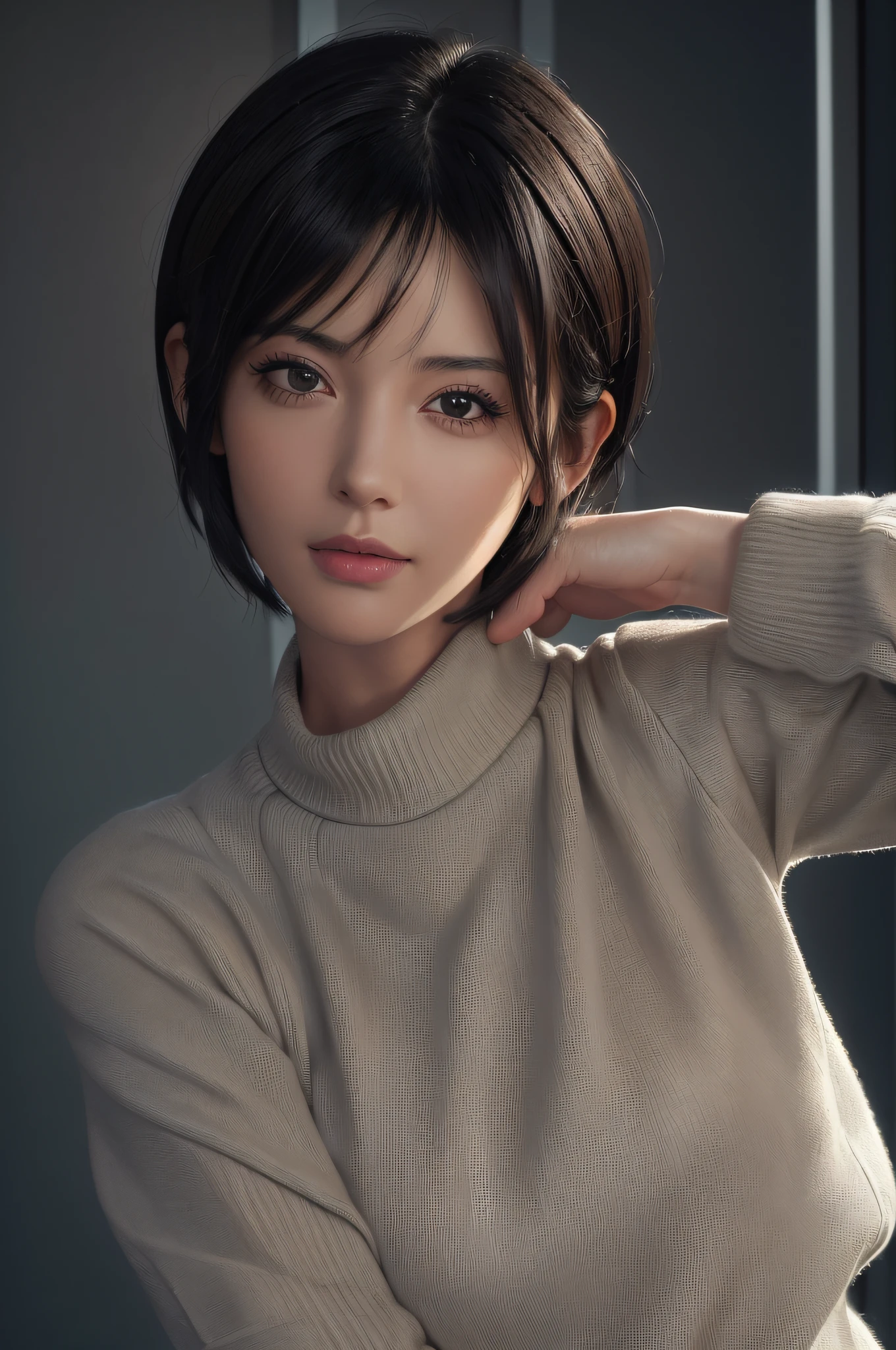 (masterpiece:1.3), (8k, photorealistic, RAW photo, best quality: 1.4), (1girl), beautiful face, (realistic face), (black hair, short hair:1.3), beautiful hairstyle, realistic eyes, beautiful detailed eyes, (realistic skin), beautiful skin, (sweater), absurdres, attractive, ultra high res, ultra realistic, highly detailed, golden ratio