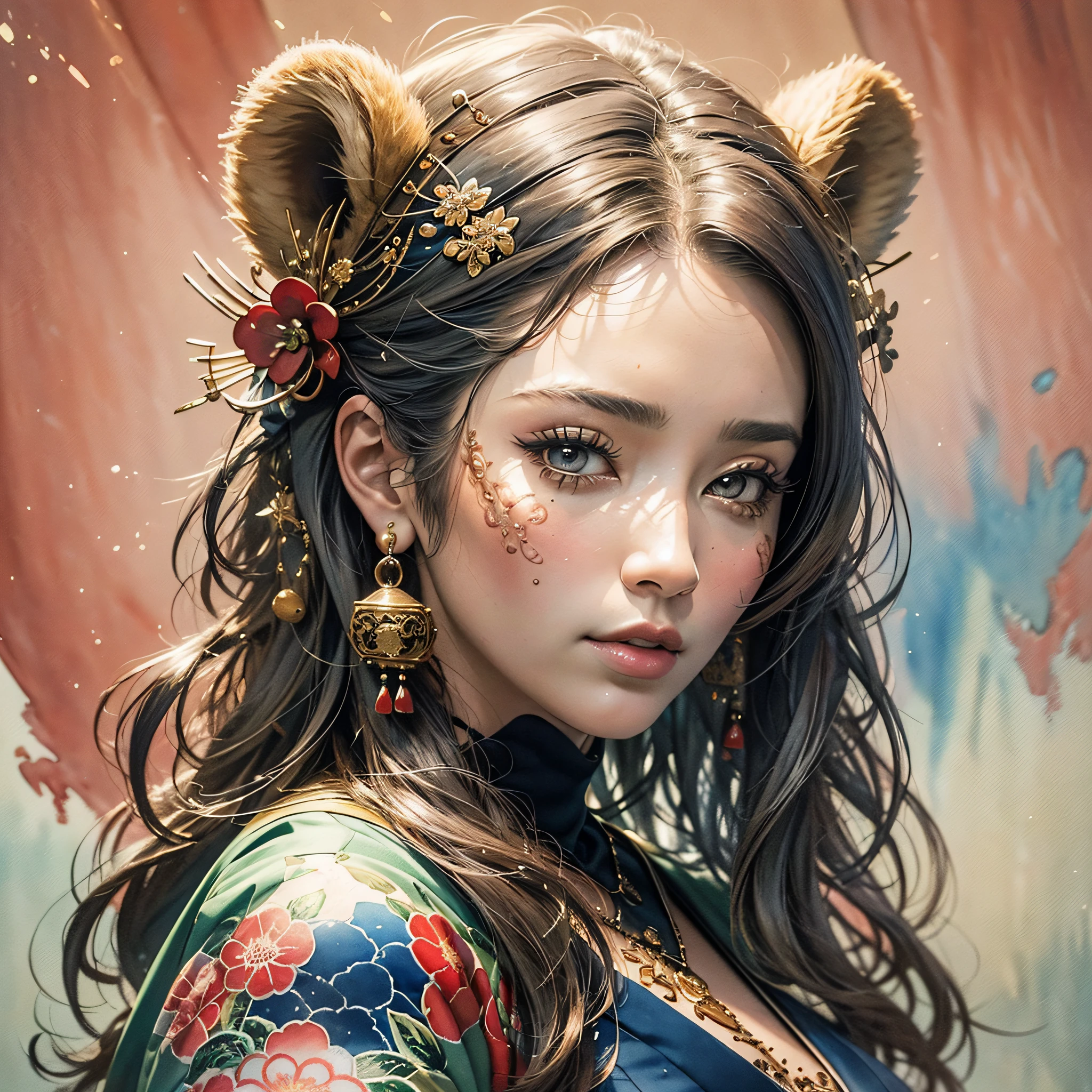 (masterpiece: 1.2, best quality), (very detailed face, real image, realistic skin, realistic body, intricate details), solo, 1milf, casual, bear, (Watercolor: 1.3), Oiran, --auto --s2