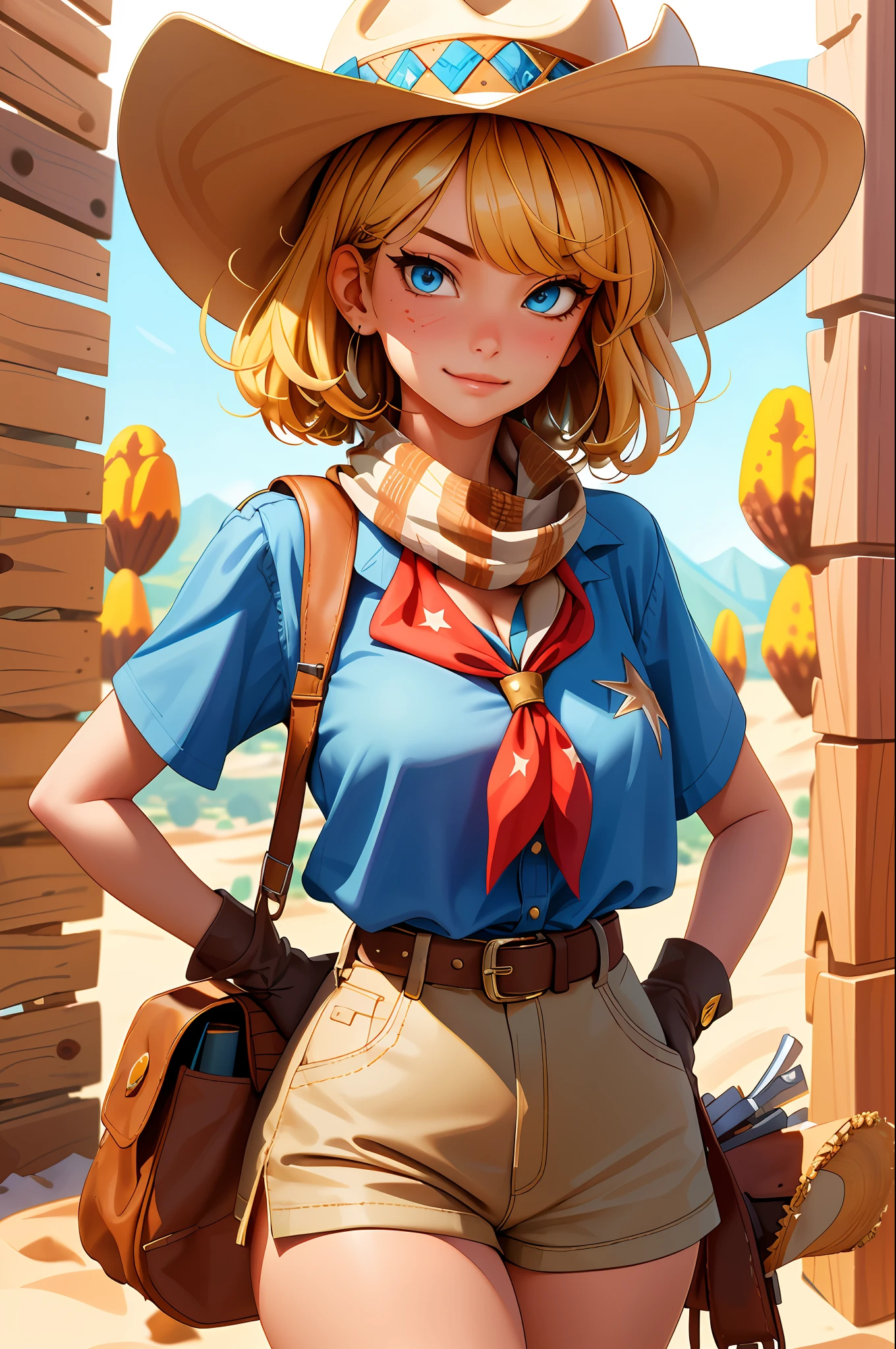 (masterpiece, best quality:1.4), absurdres, highres, ultra detailed, beautiful, 1girl, (cowboy, cowboy western, cowboy hat:1.4), (perfect face, detailed face, beautiful:1.3), (blue eyes, golden hair, bangs, hair intakes, short hair), (natural breasts, cleavage), collarbone, brown vest ,collared shirt, fingerless gloves, gloves, hat, navel, neckerchief, red neckerchief, revolver, short shorts, shorts, thick thighs, thighs, multiple belts, (desert:1.4),