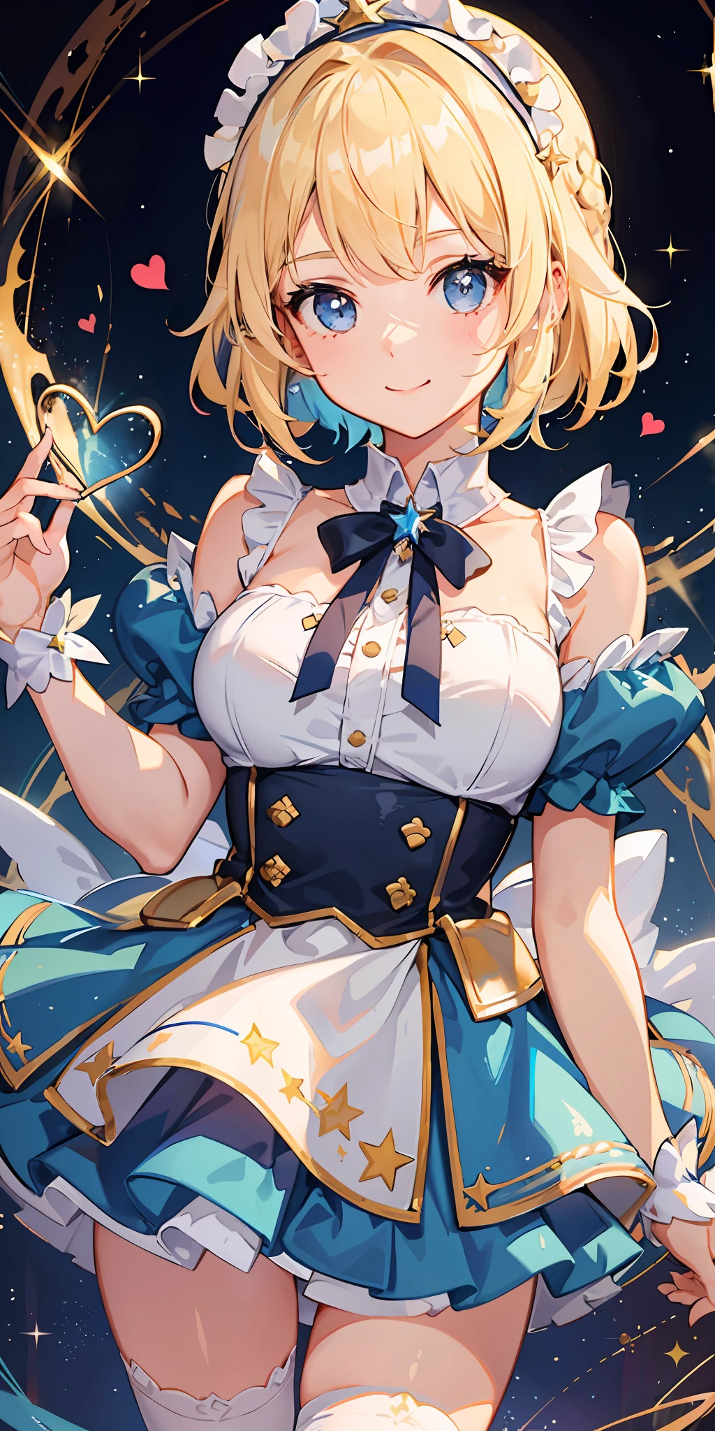 1girl, bright, blonde, light blue eyes, heart motif, star, moon, short hair, uniform bangs, multicolored hair, princess, saleme, side lights, light particles, wallpaper, big, plump, idol, idol costume, cute costume, fabulous outfit, dress, loose, fluffy, smile, gentle, clear, loli
