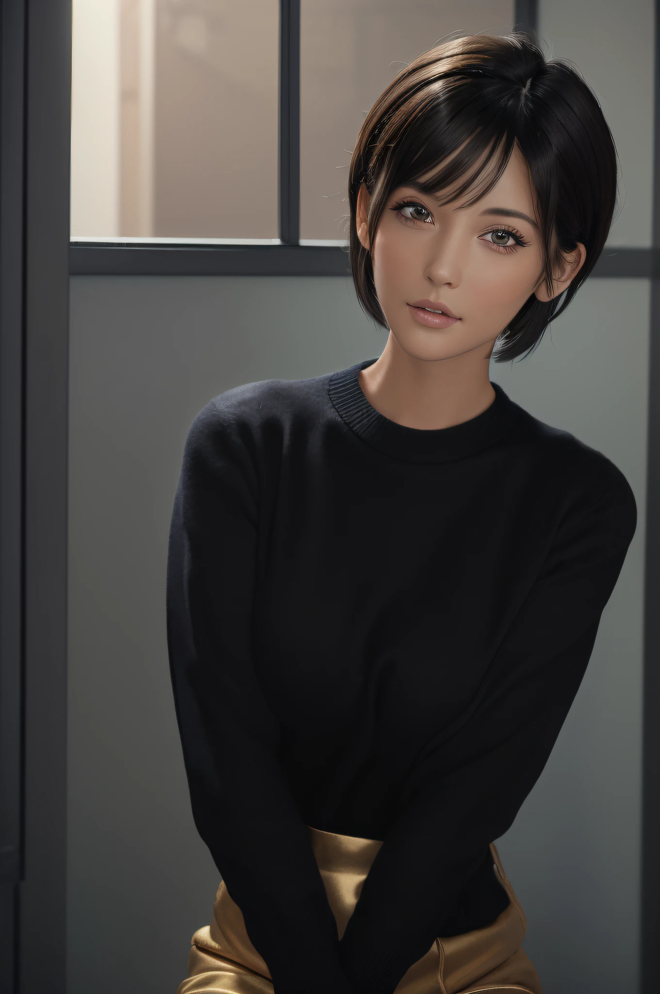 (masterpiece:1.3), (8k, photorealistic, RAW photo, best quality: 1.4), (1girl), beautiful face, (realistic face), (black hair, short hair:1.3), beautiful hairstyle, realistic eyes, beautiful detailed eyes, (realistic skin), beautiful skin, (sweater), absurdres, attractive, ultra high res, ultra realistic, highly detailed, golden ratio