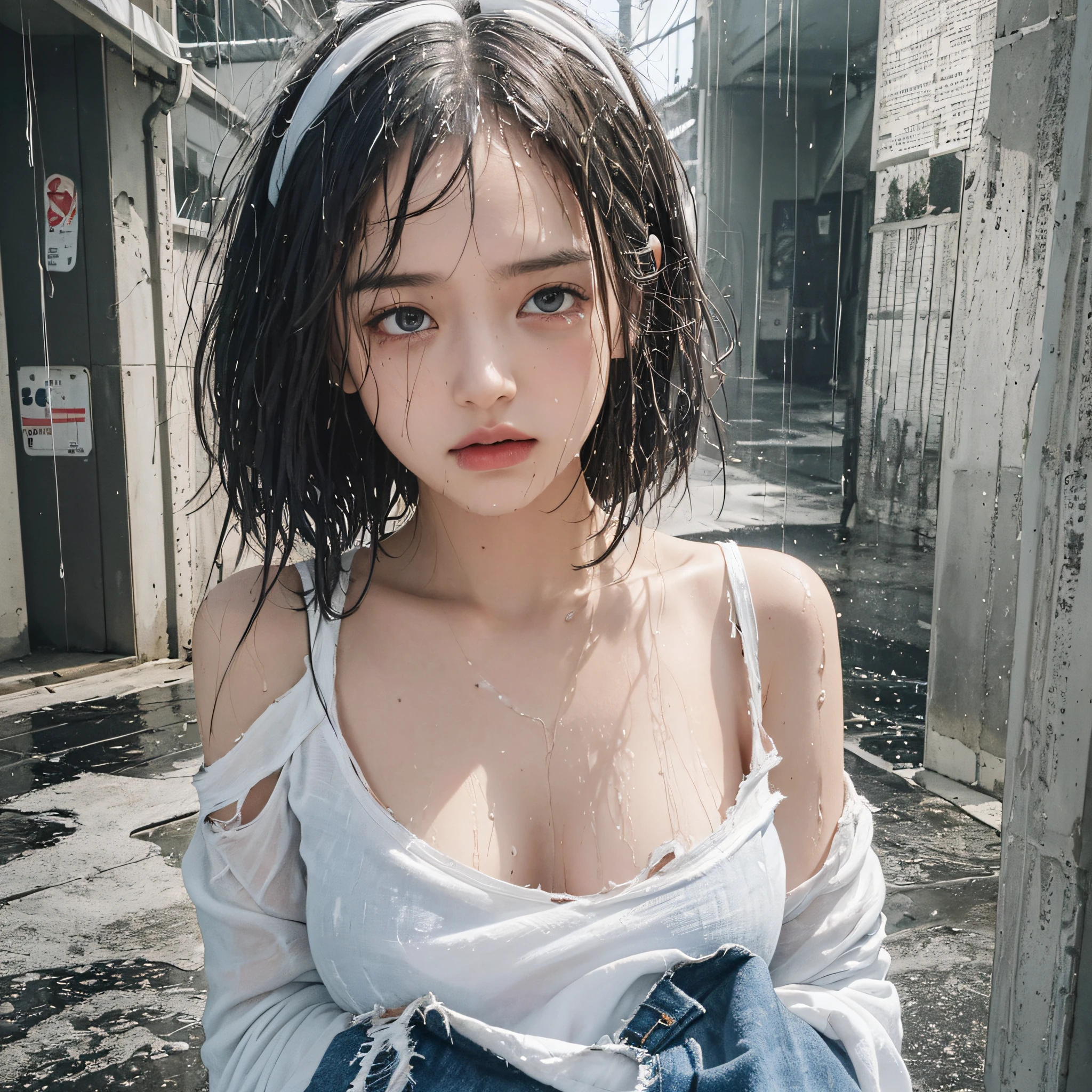 best image quality, masterpiece, super high resolution, (fidelity:1.4), photo, 1 girl, white shirt, torn jeans, white sneakers, dim, darkness, despair, pity, poor, movie, tears, teardrops, (torn clothes:1.5), (wet clothes:1.4), bare shoulders, real rain, wet hair,.. --auto --s2