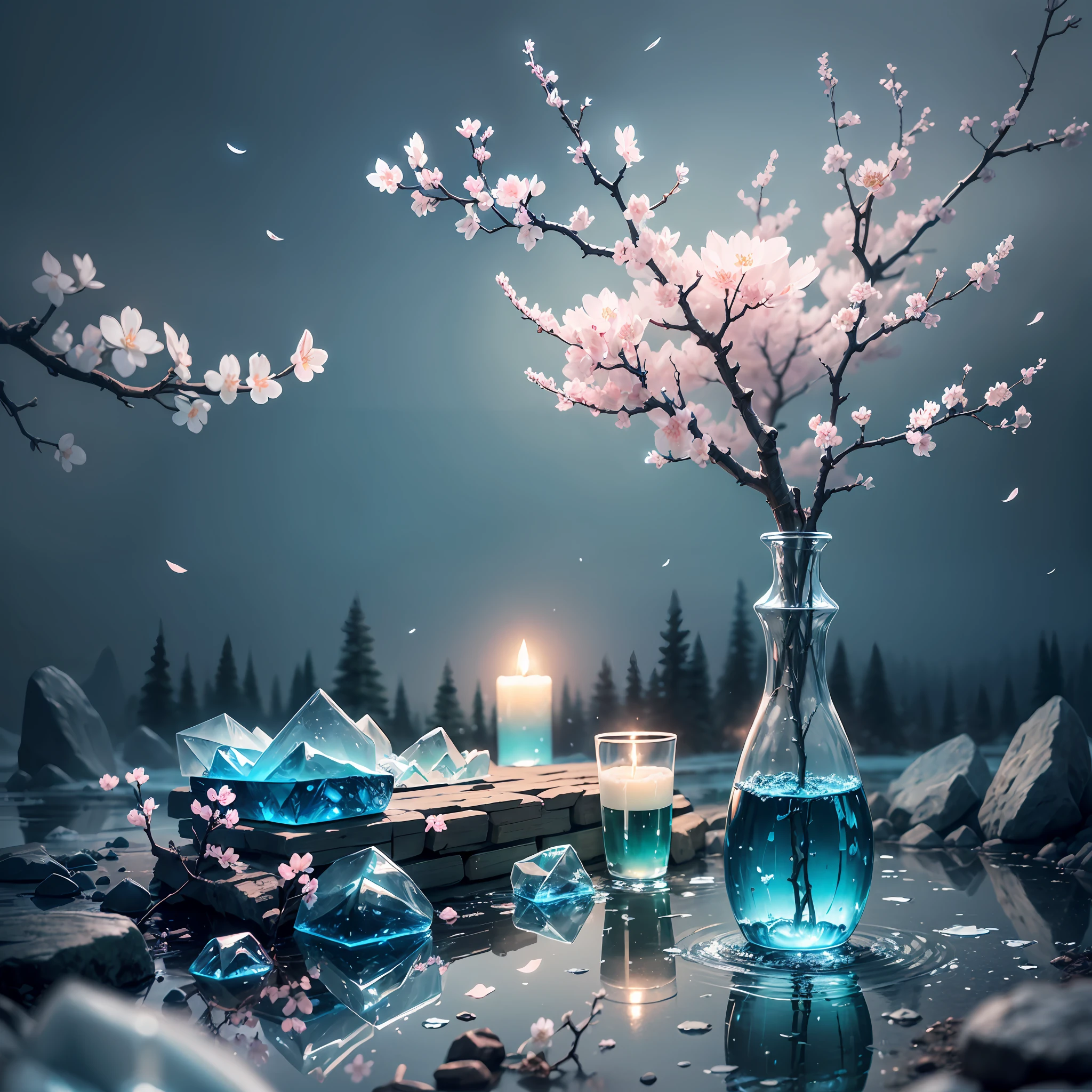 Computer, realistic fantasy, Extensive landscape ultrasound photography (general view, which shows a glass soap forest, a glass, ice, a branch of a cherry blossom), a cork lying around, dawn dissolves in a bottle, a meteor shower, a blurred background, gloomy, magic --auto --s2