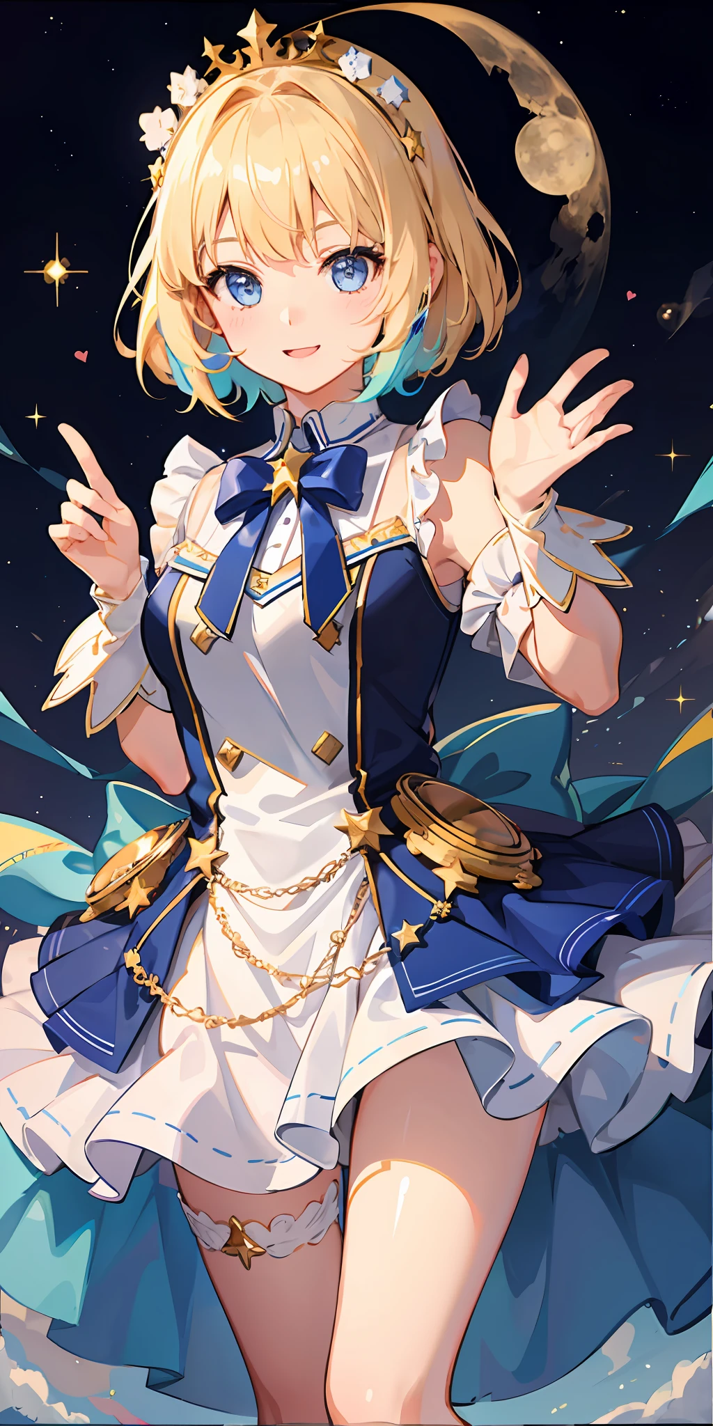 1girl, bright, blonde, light blue eyes, heart motif, star, moon, short hair, uniform bangs, multicolored hair, princess, saleme, side lights, light particles, wallpaper, big, plump, idol, idol costume, cute costume, fabulous outfit, dress, loose, fluffy, smile, gentle, clear, loli