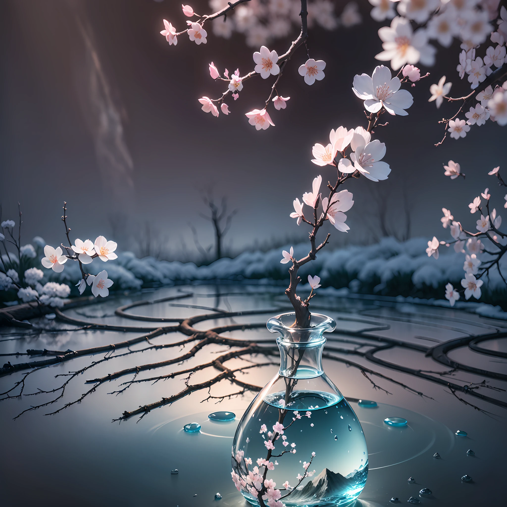 Computer, realistic fantasy, Extensive landscape ultrasound photography (general view, which shows a glass soap forest, a glass, ice, a branch of a cherry blossom), a cork lying around, dawn dissolves in a bottle, a meteor shower, a blurred background, gloomy, magic --auto --s2