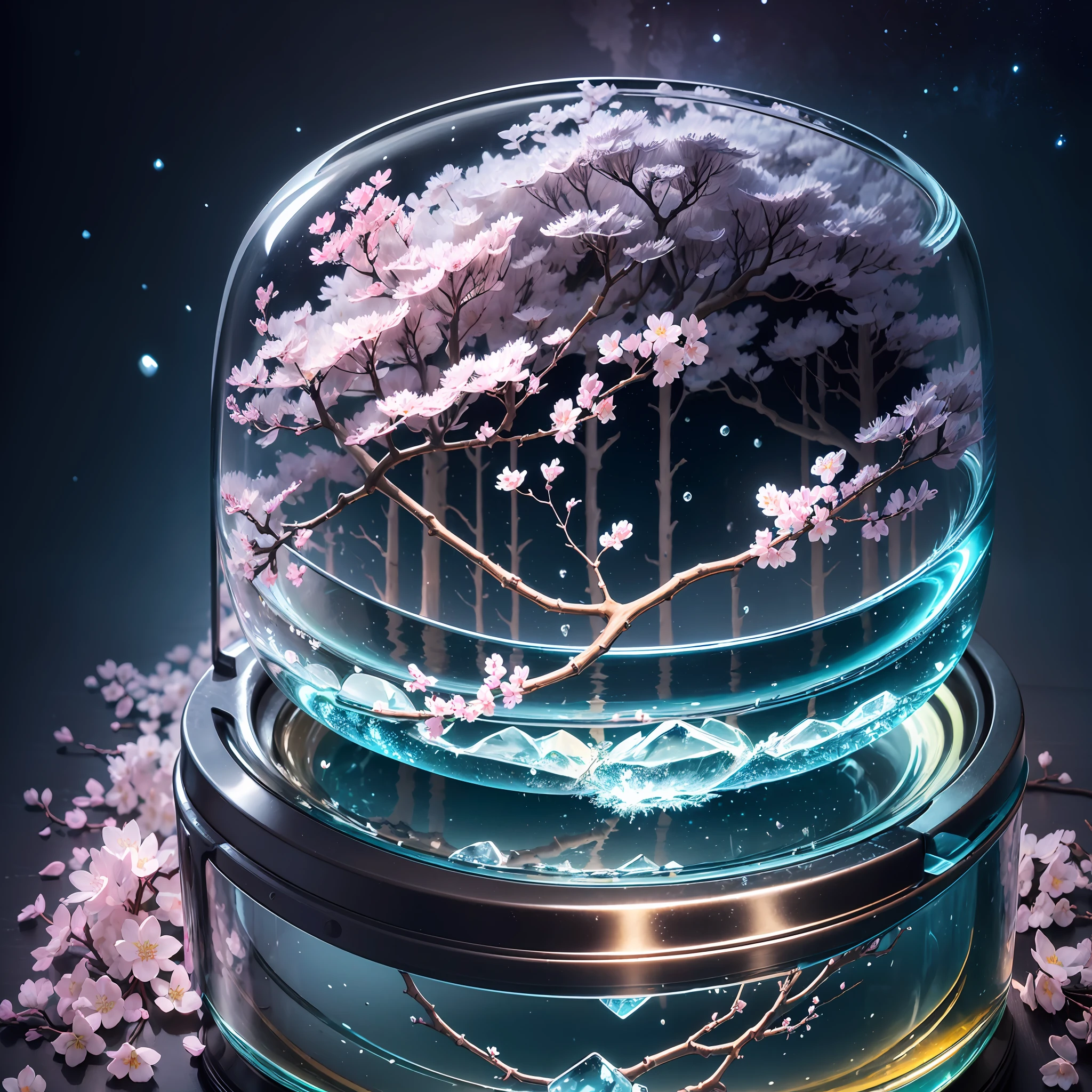 Computer, realistic fantasy, Extensive landscape ultrasound photography (general view, which shows a glass soap forest, a glass, ice, a branch of a cherry blossom), a cork lying around, dawn dissolves in a bottle, a meteor shower, a blurred background, gloomy, magic --auto --s2