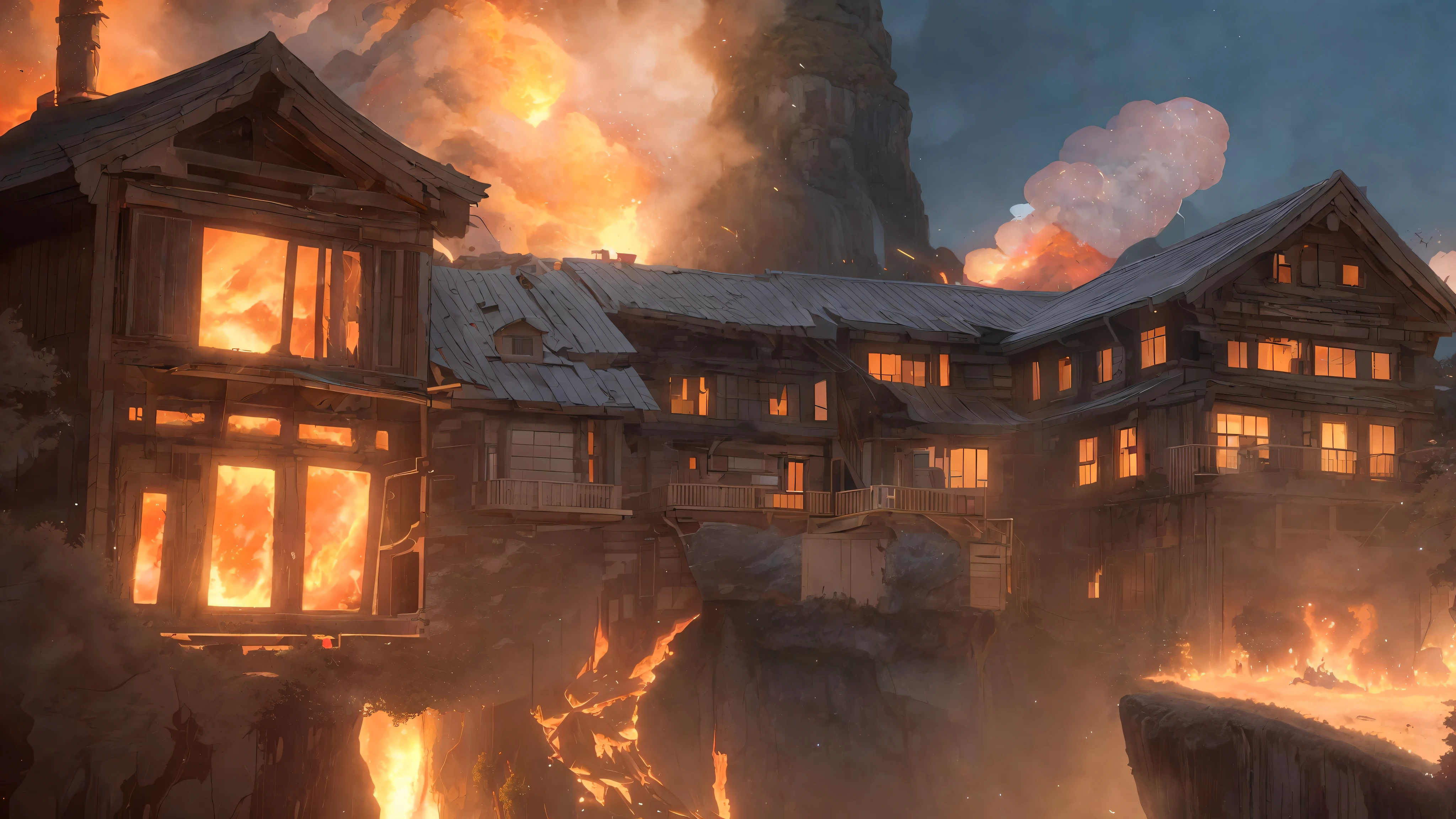 there is a picture of a burning house on a cliff with a sky background, anime background art, anime background, highschool background, anime scenery, random background scene, anime movie background, style of madhouse studio anime, dojo on a mountain, nightime burning village background, anime scenery concept art, town background, beautiful anime scenery, anime landscape, colorful anime movie background