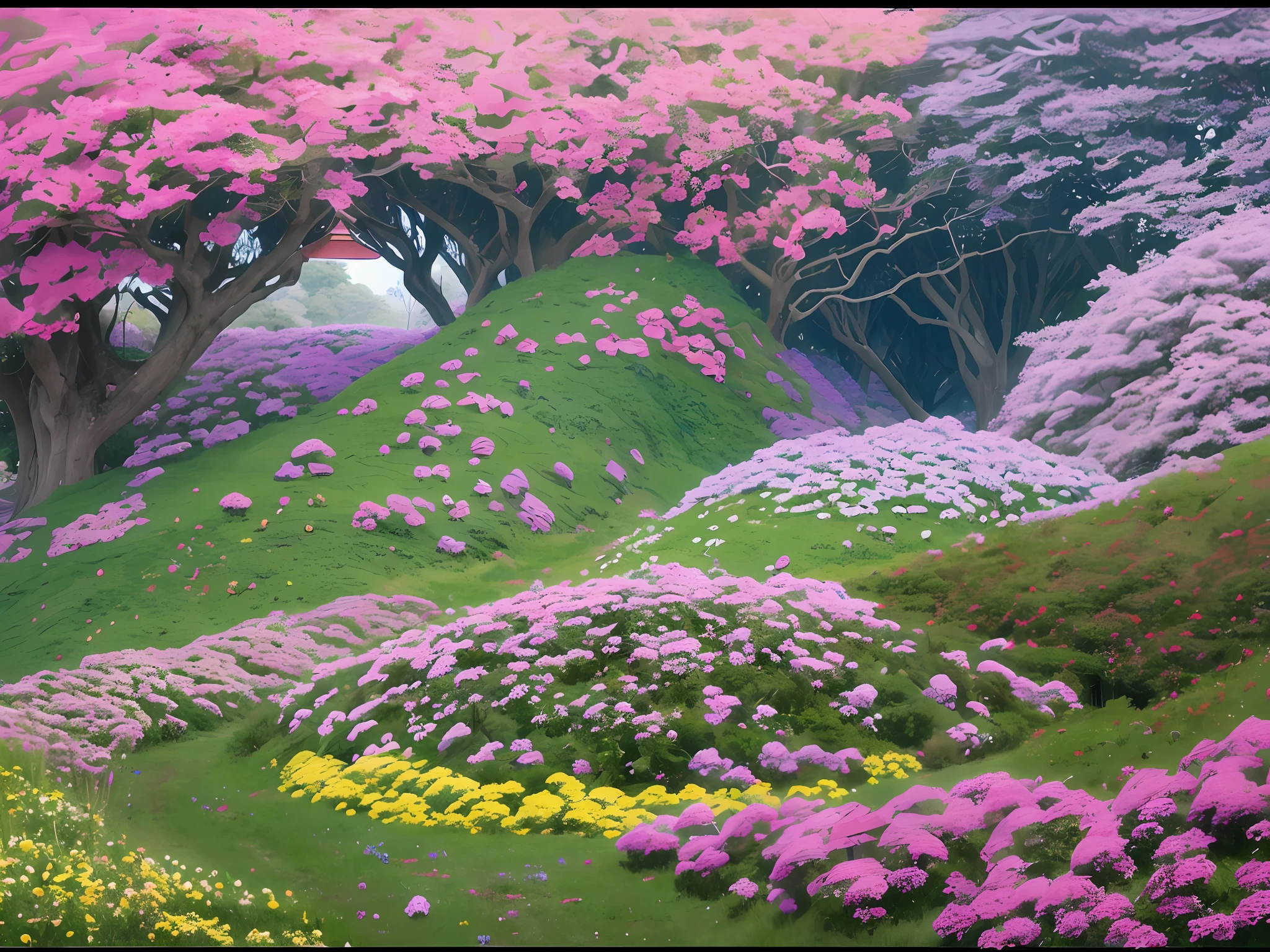 ((top quality, 8k, masterpiece)), garden painting with tower and flowers in the foreground, hydrangea god, digital painting of the tower, surreal waiji flowers inspired by Torii Kiyomitsu, posterization color, inspired by Torii Kiyomasu II, inspired by Takeharu Matsumura, inspired by Torii Kiyomasu, inspired by Hiroshi Yoshida --auto --s2