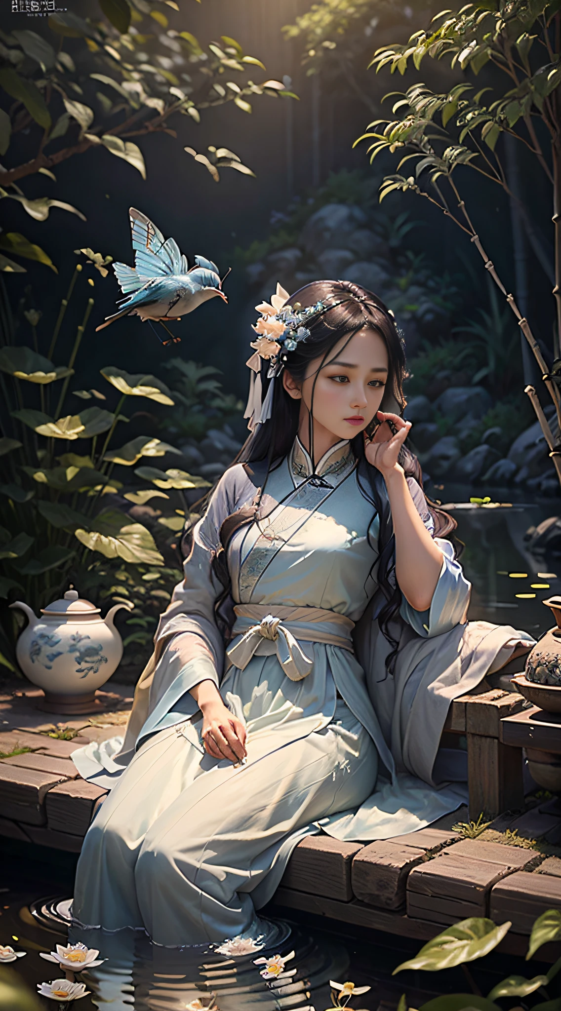 (Fidelity: 1.4), Best Quality, Masterpiece, Ultra High Resolution, Poster, 4K, Fantasy Art, Dynamic Lighting, Art Station, Poster, Volume Lighting, Very Detailed Face, 4k Wallpaper, Award-Awarded, Chinese Style, A Woman, Side Face, Quiet, Sad, Blue Hanfu, Tulle Coat, Long Black Hair, Light Blue Fringed Hair Ornament, Hairpin, White Ribbon, White Flower Bush, Light Blue Butterfly Flying, Ancient Chinese Garden, Sitting by the Pond, Hazy Mist, Lots of Bamboo in the background, Small Bamboo, Little Bird Flying, dramatic composition, cinematic lighting effects,