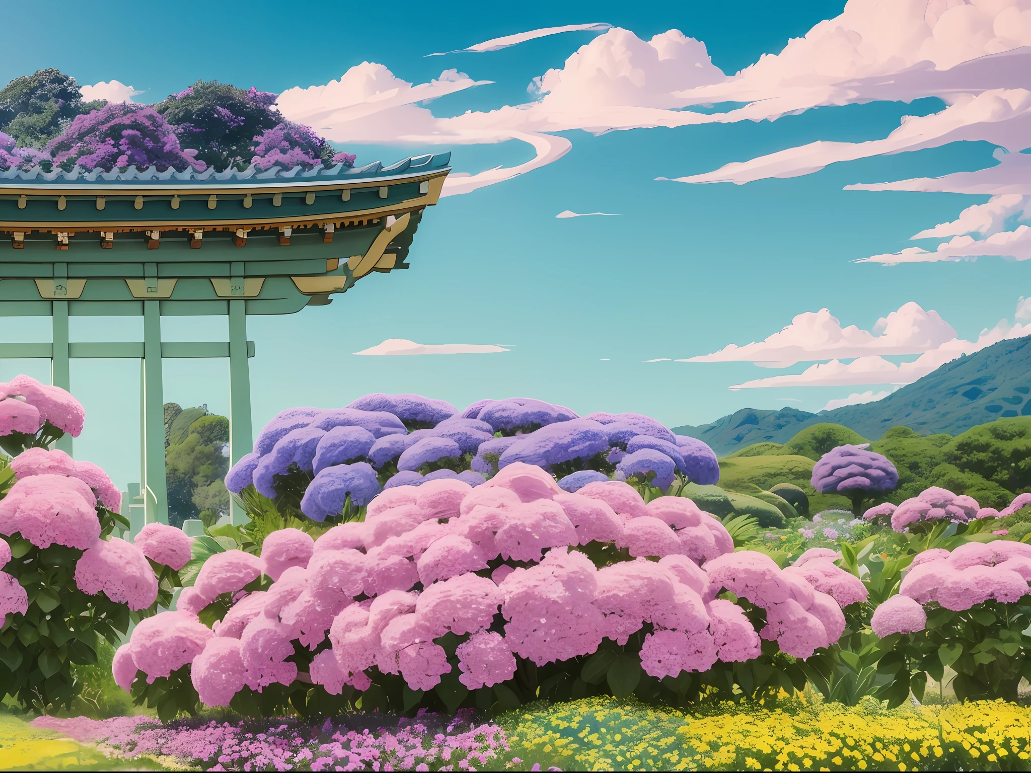 ((top quality, 8k, masterpiece)), garden painting with tower and flowers in the foreground, hydrangea god, digital painting of the tower, surreal waiji flowers inspired by Torii Kiyomitsu, posterization color, inspired by Torii Kiyomasu II, inspired by Takeharu Matsumura, inspired by Torii Kiyomasu, inspired by Hiroshi Yoshida --auto --s2