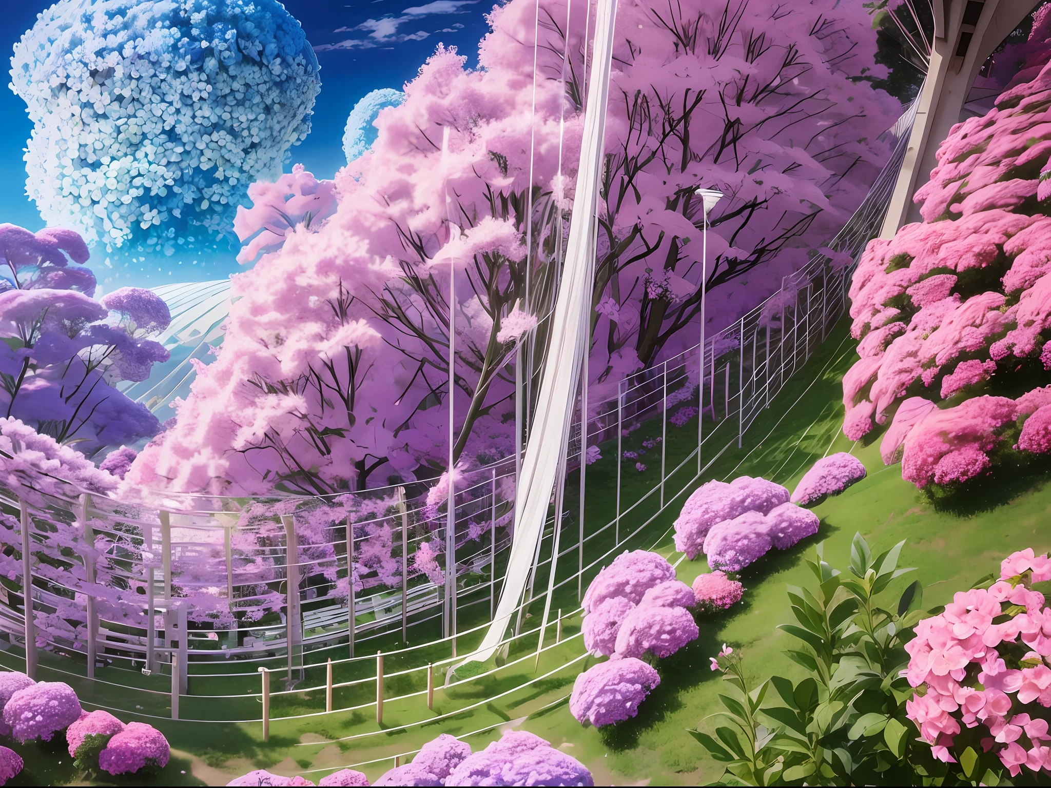 ((top quality, 8k, masterpiece)), garden painting with tower and flowers in the foreground, hydrangea god, digital painting of the tower, surreal waiji flowers inspired by Torii Kiyomitsu, posterization color, inspired by Torii Kiyomasu II, inspired by Takeharu Matsumura, inspired by Torii Kiyomasu, inspired by Hiroshi Yoshida --auto --s2