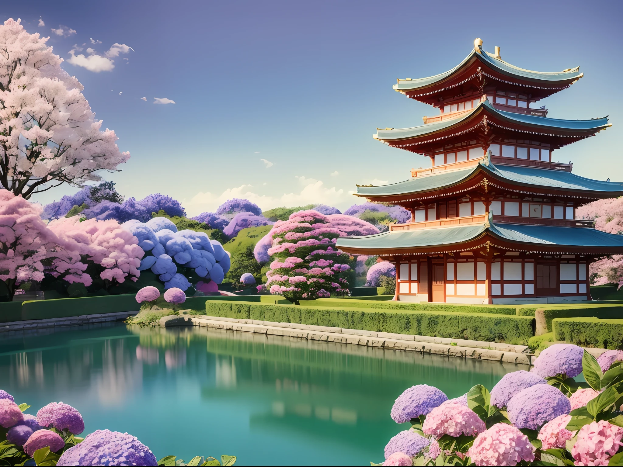 ((top quality, 8k, masterpiece)), garden painting with tower and flowers in the foreground, hydrangea god, digital painting of the tower, surreal waiji flowers inspired by Torii Kiyomitsu, posterization color, inspired by Torii Kiyomasu II, inspired by Takeharu Matsumura, inspired by Torii Kiyomasu, inspired by Hiroshi Yoshida --auto --s2