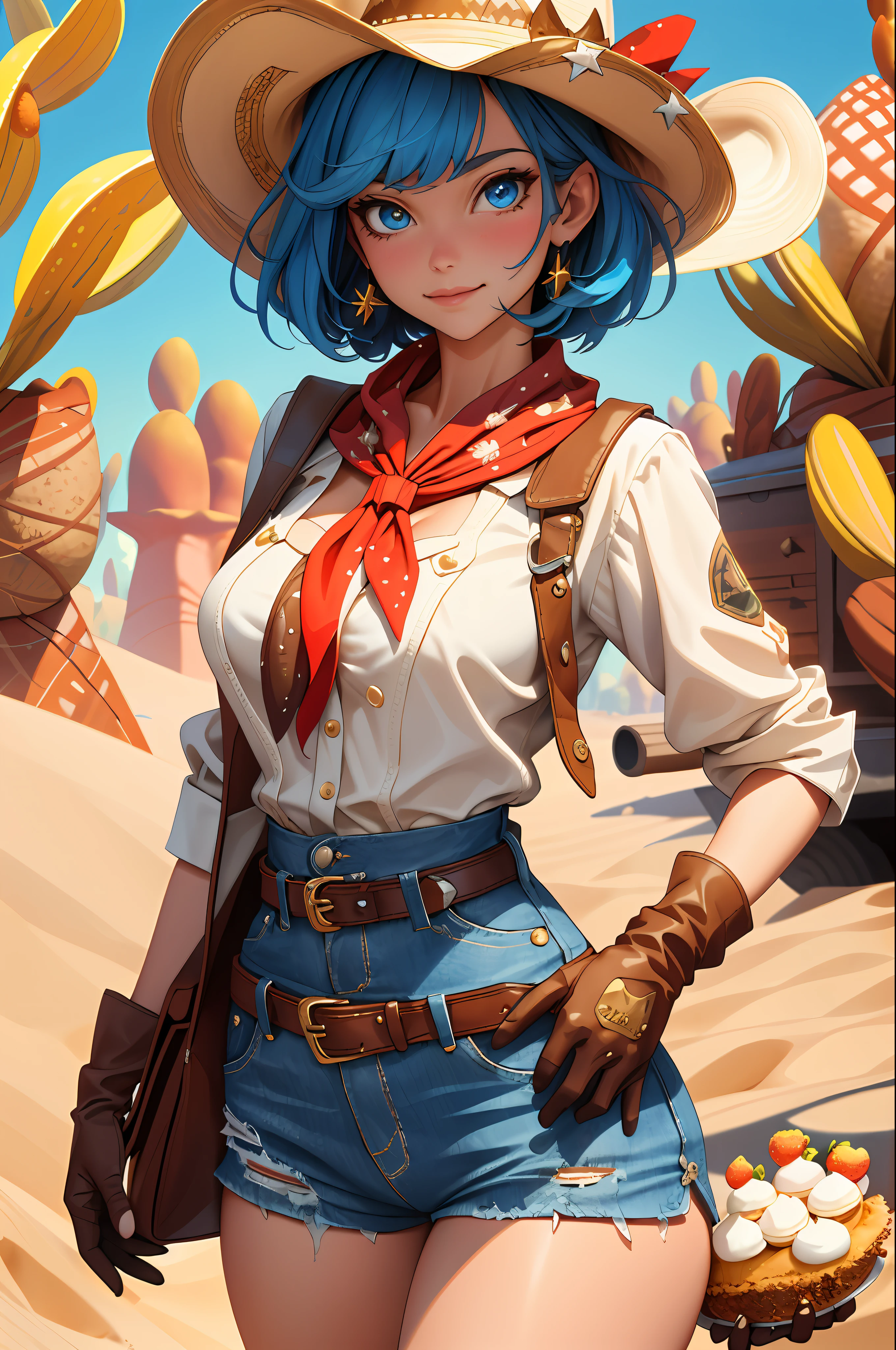 (masterpiece, best quality:1.4), absurdres, highres, ultra detailed, beautiful, 1girl, (cowboy, cowboy western, cowboy hat:1.4), (perfect face, detailed face, beautiful:1.3), (blue eyes, golden hair, bangs, hair intakes, short hair), (natural breasts, cleavage), collarbone, brown vest ,collared shirt, fingerless gloves, gloves, hat, navel, neckerchief, red neckerchief, revolver, short shorts, shorts, thick thighs, thighs, multiple belts, (desert:1.4),