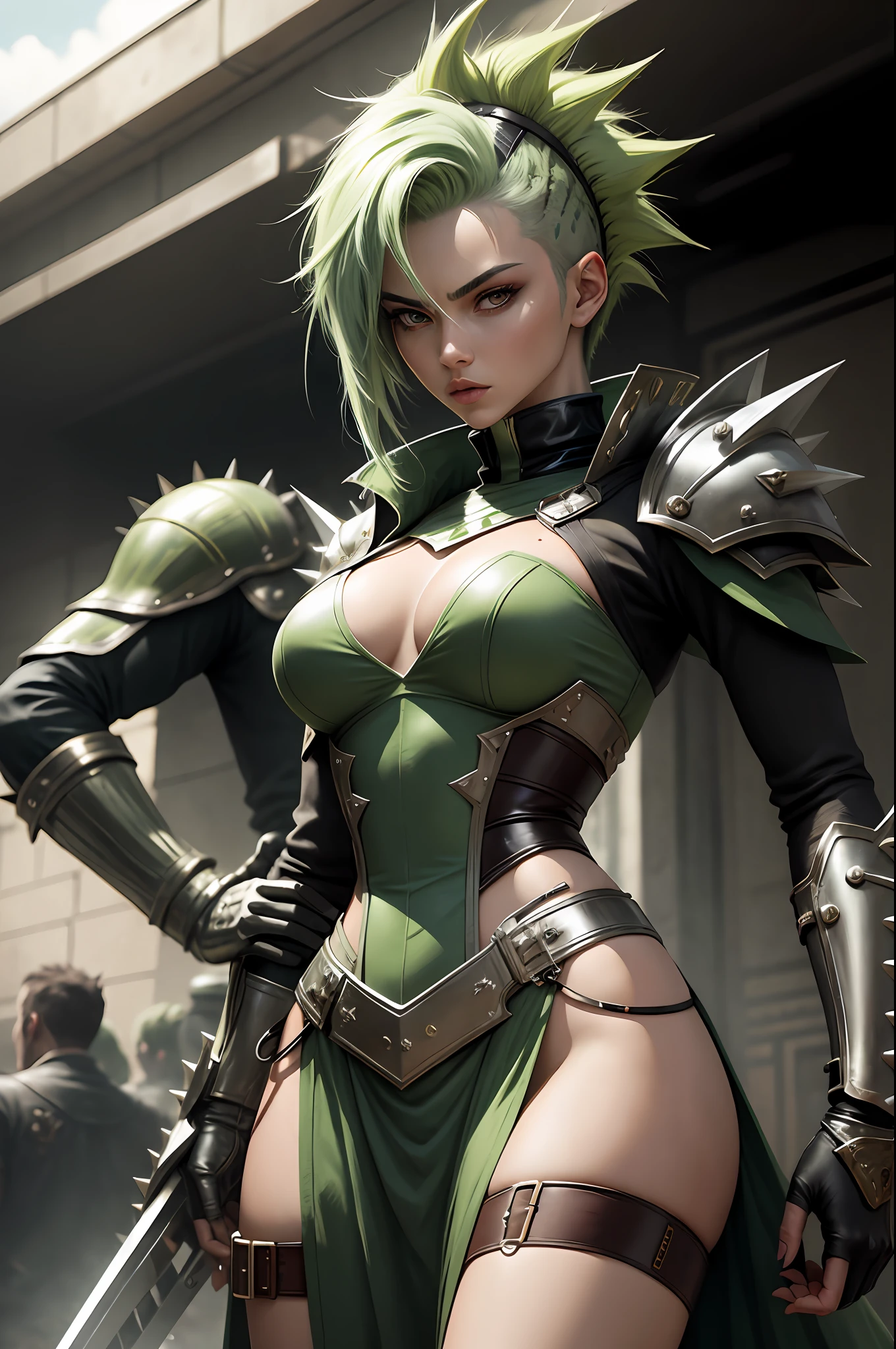 Beautiful woman with chrome costume, very light green hair with rebellious spiky hairstyle. Legendary and epic warrior